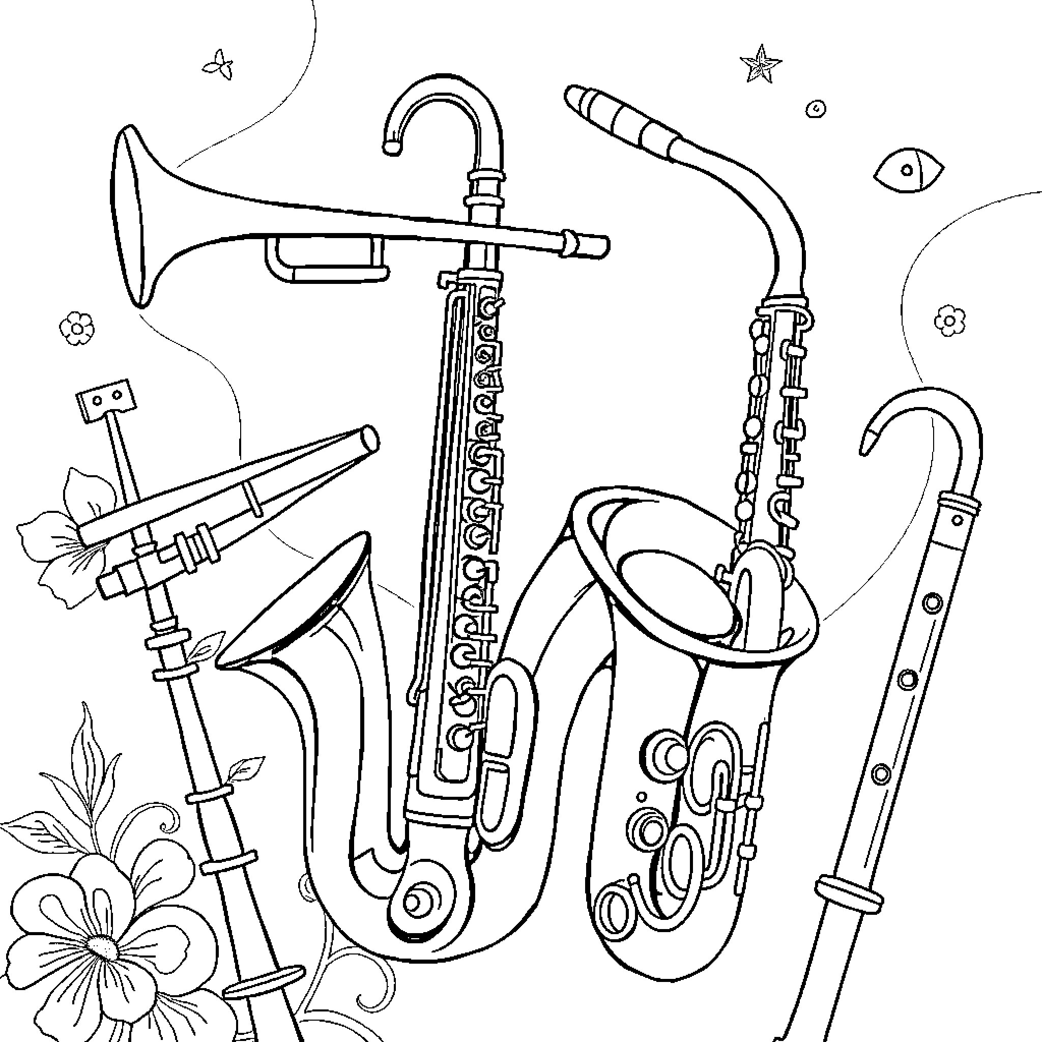 Wind Instrument Ensemble: Musical Instruments and Accessories Coloring Page (free black-and-white line drawing printable PDF for all, from beginners to advanced learners, including children, teens, adults, and seniors)