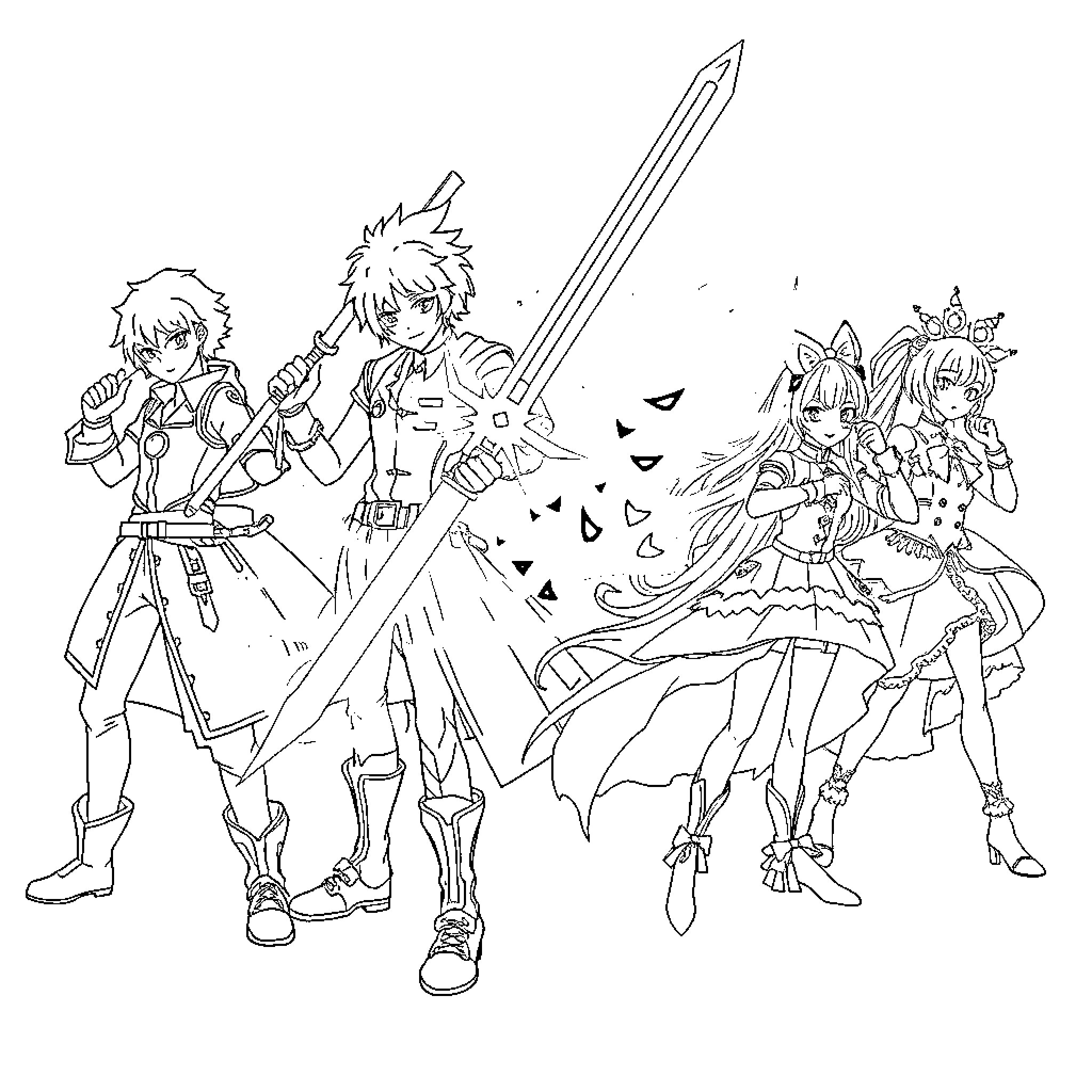 RWBY Characters in Action Poses and Stylized Outfits Coloring Page (free black-and-white line drawing printable PDF for all, from beginners to advanced learners, including children, teens, adults, and seniors)