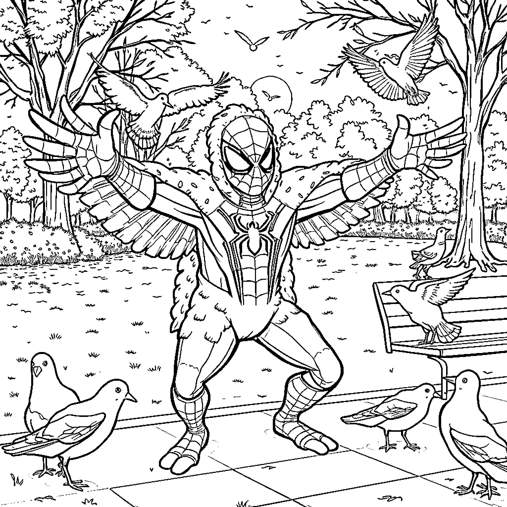 Spiderman soaring through the forest landscape Coloring Page (free black-and-white line drawing printable PDF for all, from beginners to advanced learners, including children, teens, adults, and seniors)