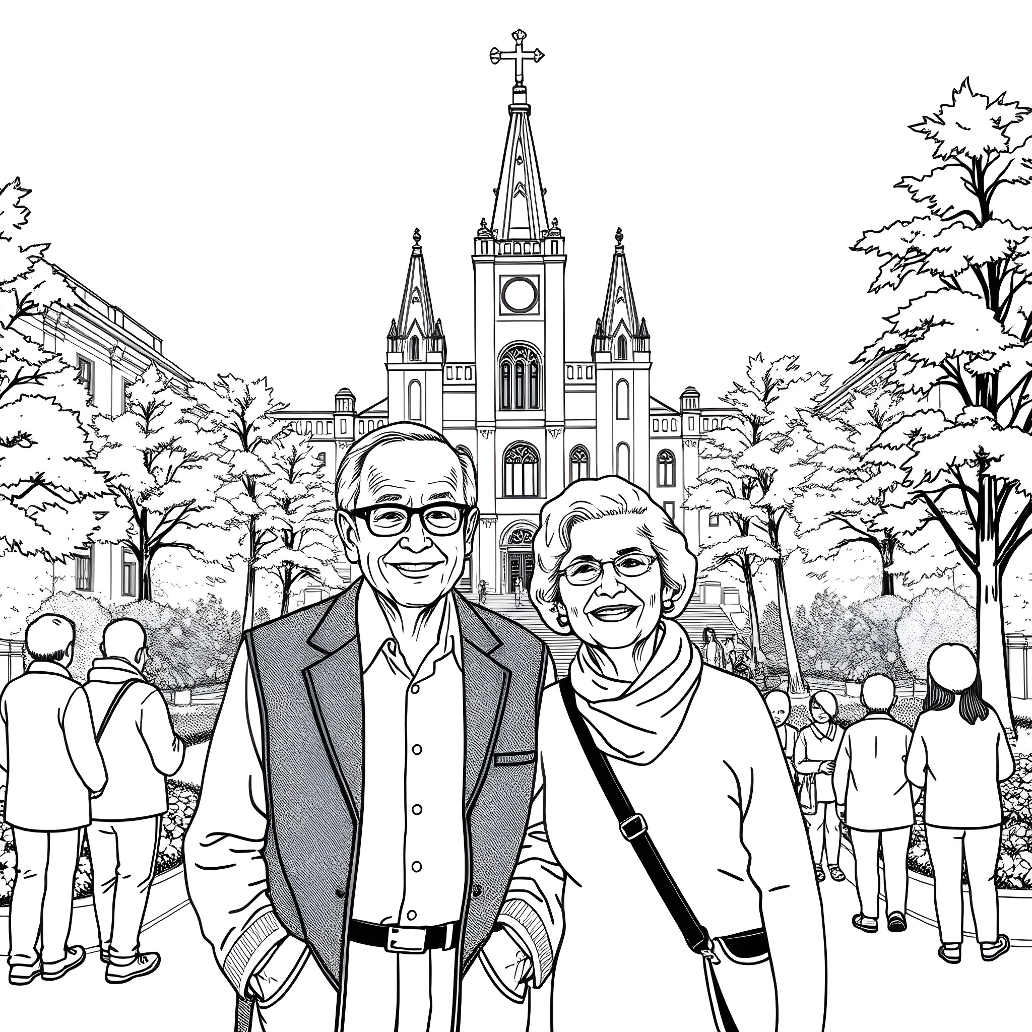 Missionary Couple Visiting Historic Church and Grounds Coloring Page (free black-and-white line drawing printable PDF for all, from beginners to advanced learners, including children, teens, adults, and seniors)