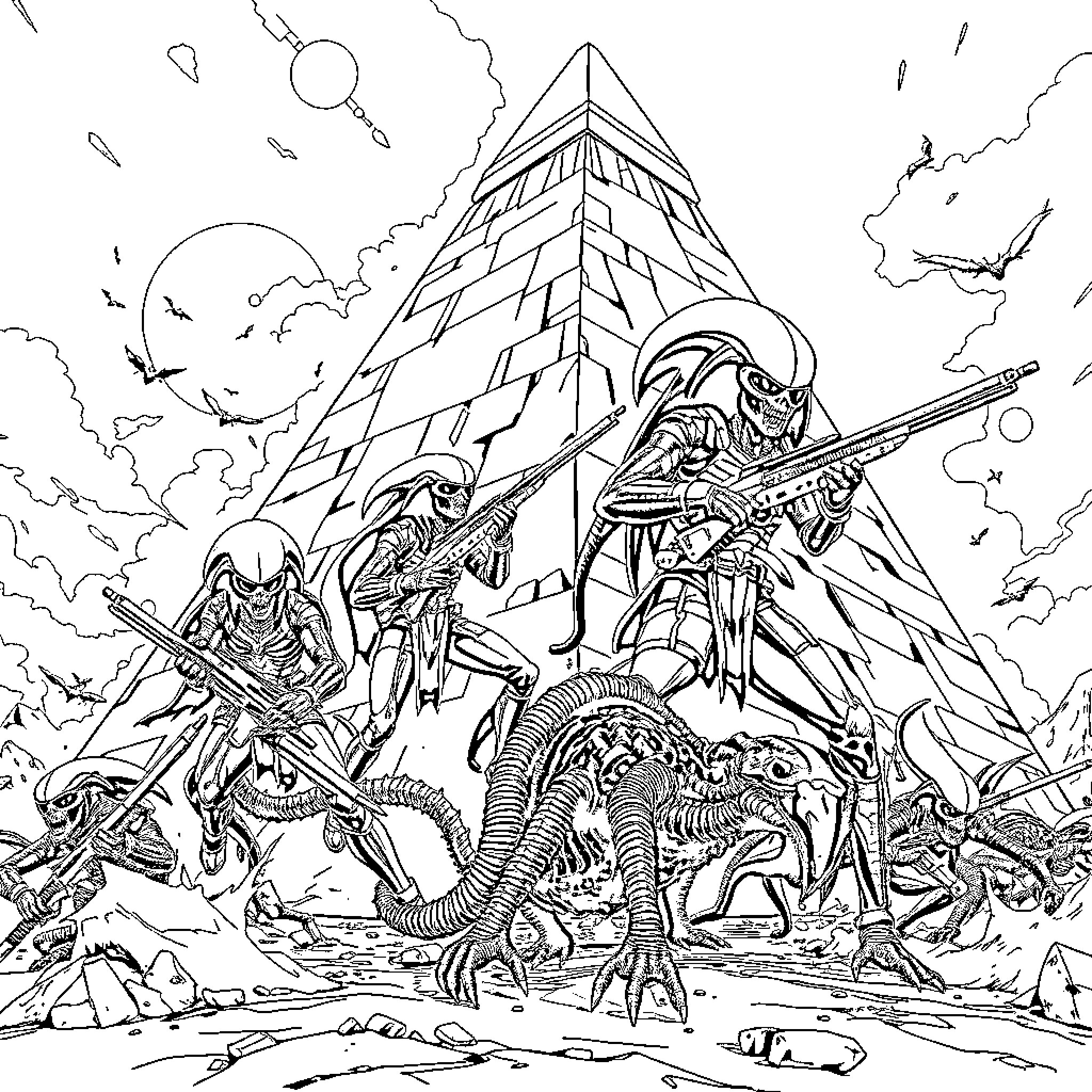 Yautja Warriors Defending Their Pyramid Fortress Coloring Page (free black-and-white line drawing printable PDF for all, from beginners to advanced learners, including children, teens, adults, and seniors)