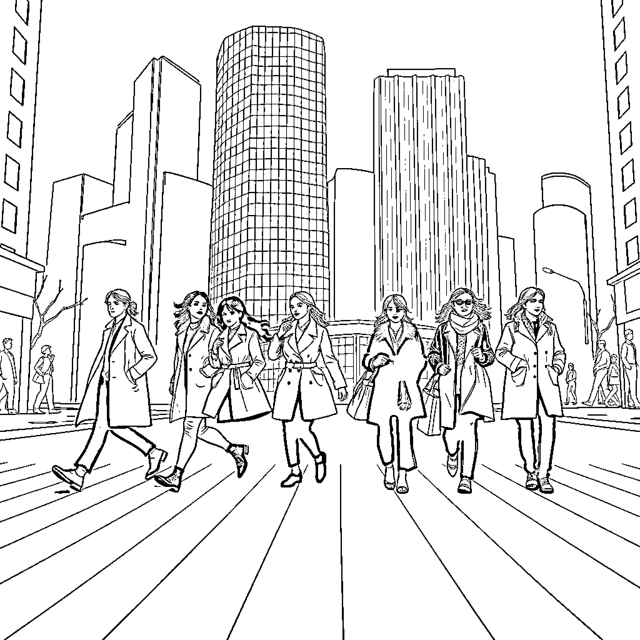 Persons walking in the city near tall buildings Coloring Page (free black-and-white line drawing printable PDF for all, from beginners to advanced learners, including children, teens, adults, and seniors)