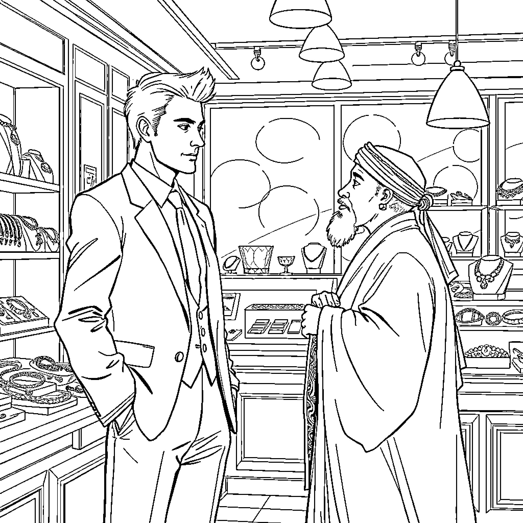 Man conversing with another man in a store Coloring Page (free black-and-white line drawing printable PDF for all, from beginners to advanced learners, including children, teens, adults, and seniors)