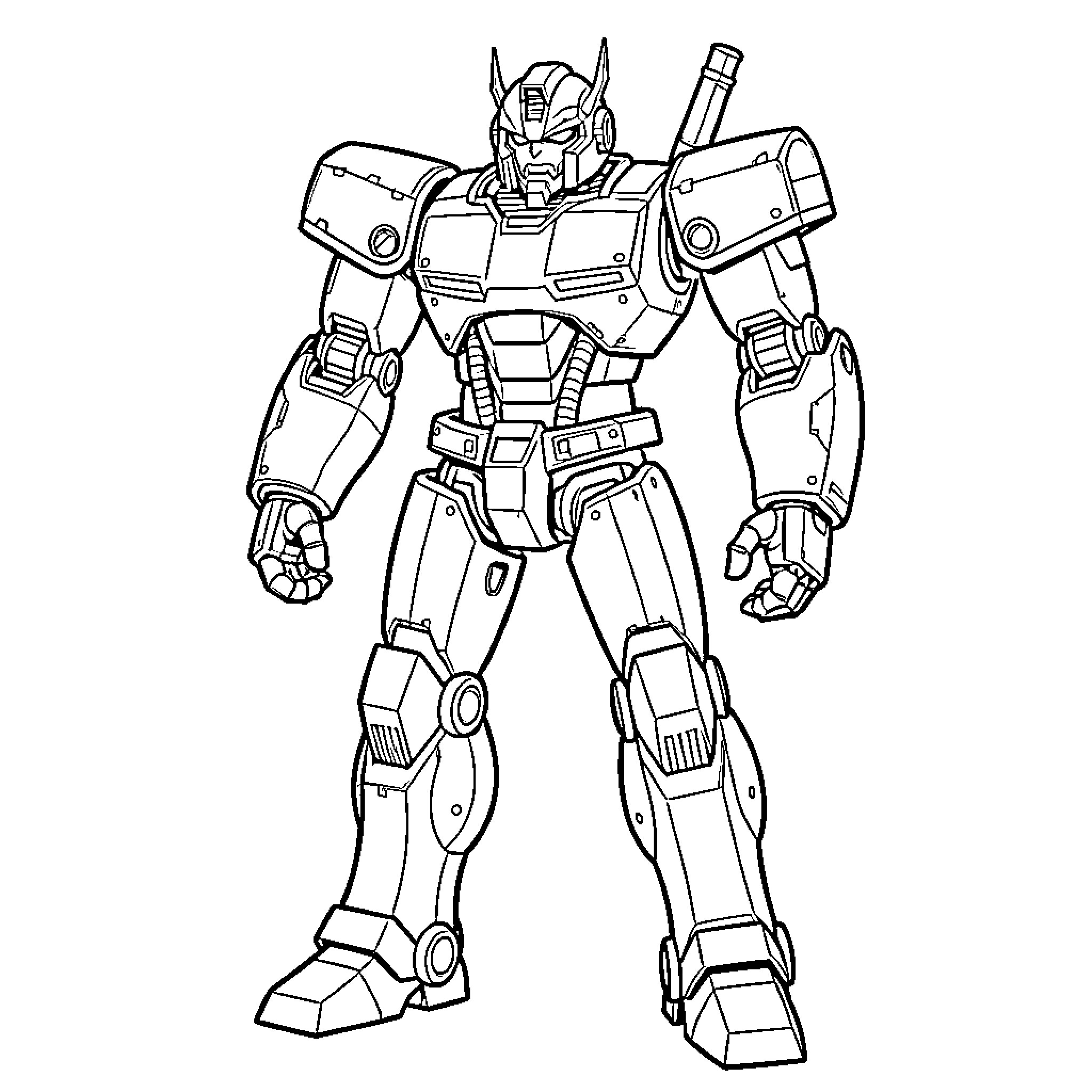 Robot standing in a heroic and powerful pose Coloring Page (free black-and-white line drawing printable PDF for all, from beginners to advanced learners, including children, teens, adults, and seniors)