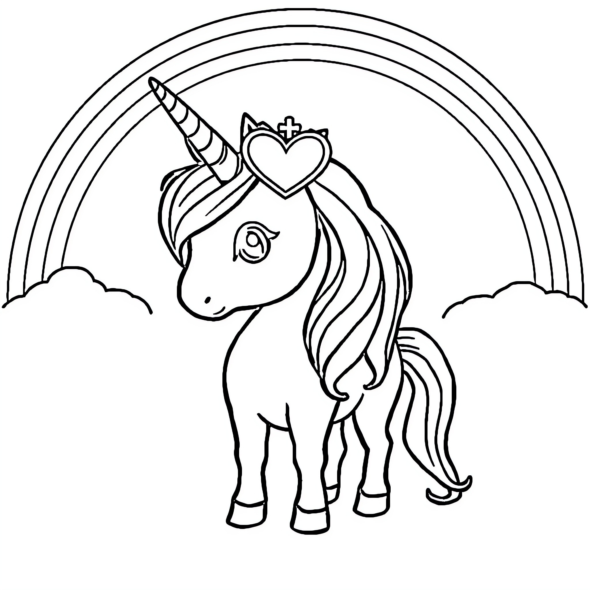 Unicorn with heart crown under rainbow Coloring Page (free black-and-white line drawing printable PDF for all, from beginners to advanced learners, including children, teens, adults, and seniors)