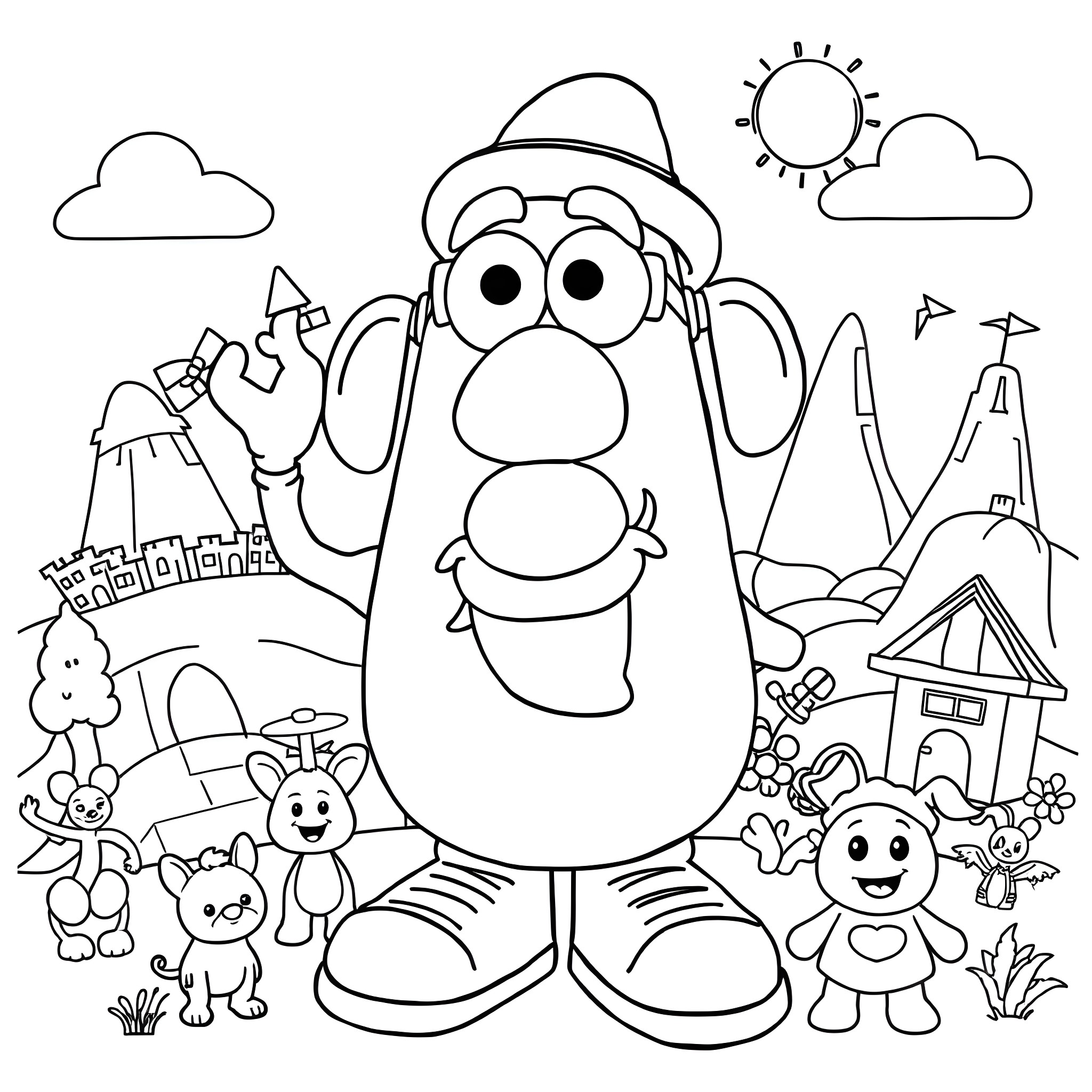Mr. Potato Head exploring a whimsical landscape Coloring Page (free black-and-white line drawing printable PDF for all, from beginners to advanced learners, including children, teens, adults, and seniors)