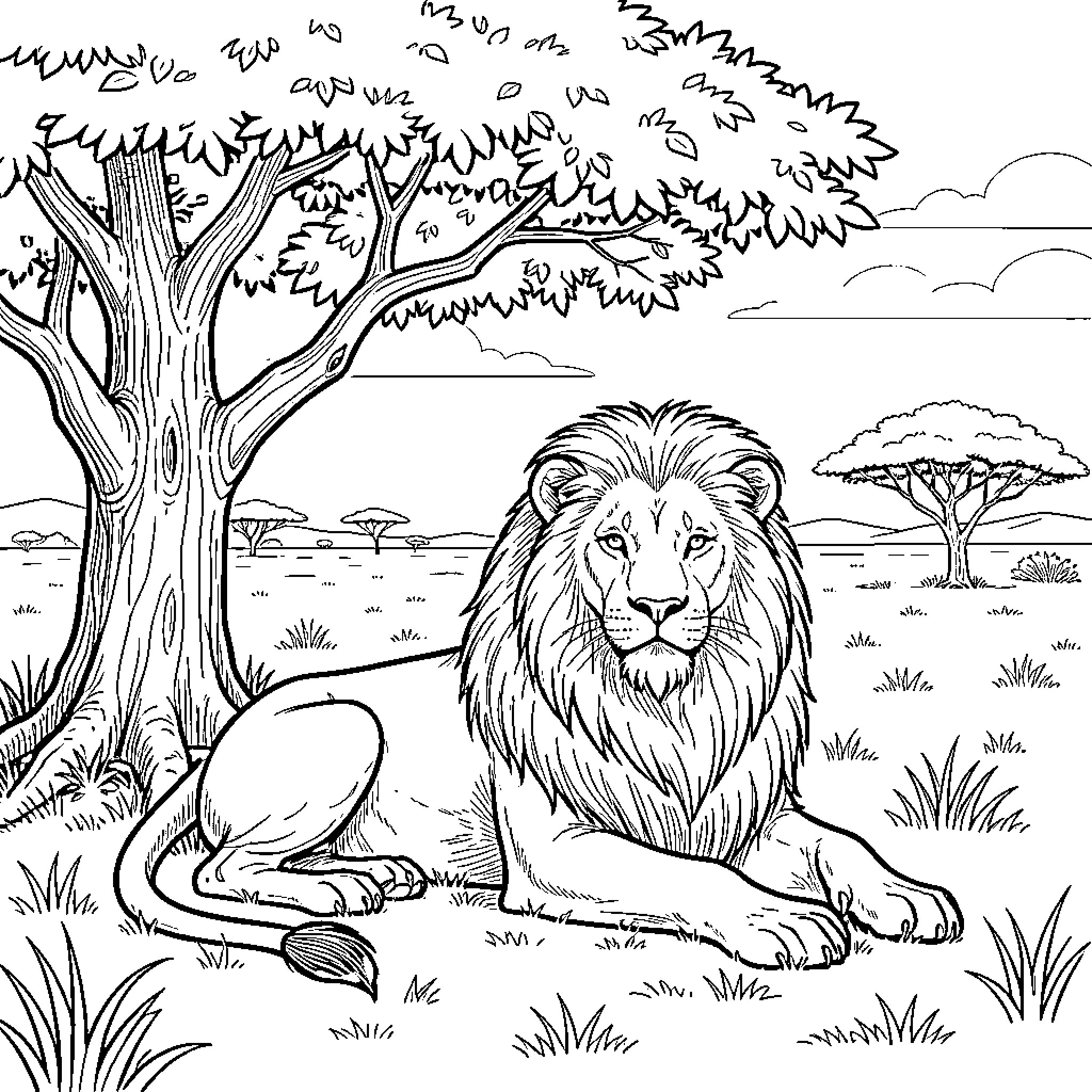 Lion resting peacefully in the savanna landscape Coloring Page (free black-and-white line drawing printable PDF for all, from beginners to advanced learners, including children, teens, adults, and seniors)