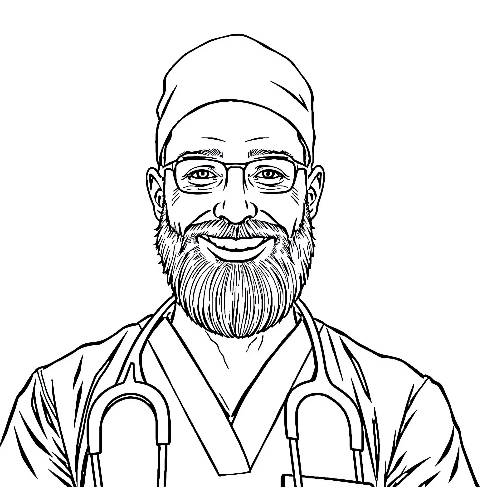 Bearded Man in Medical Uniform Smiling Coloring Page (free black-and-white line drawing printable PDF for all, from beginners to advanced learners, including children, teens, adults, and seniors)