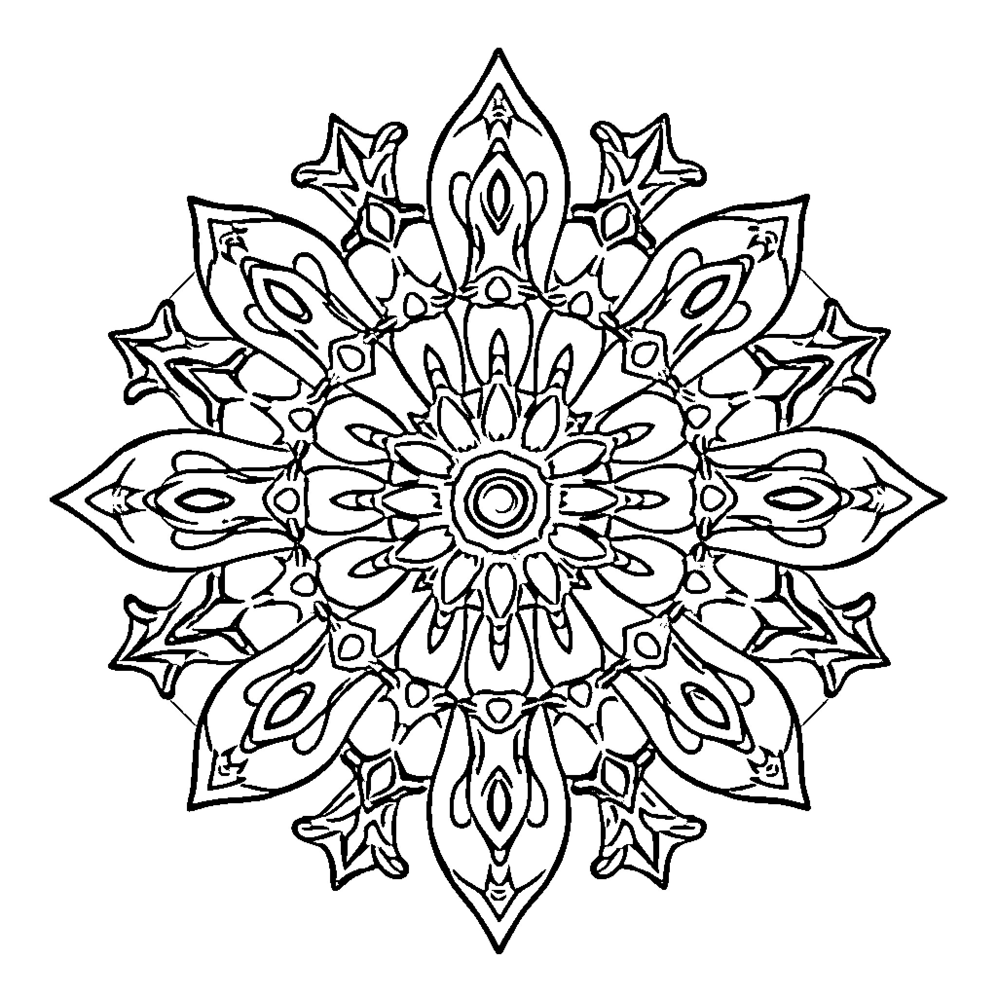 Mandala with intricate floral and geometric patterns Coloring Page (free black-and-white line drawing printable PDF for all, from beginners to advanced learners, including children, teens, adults, and seniors)