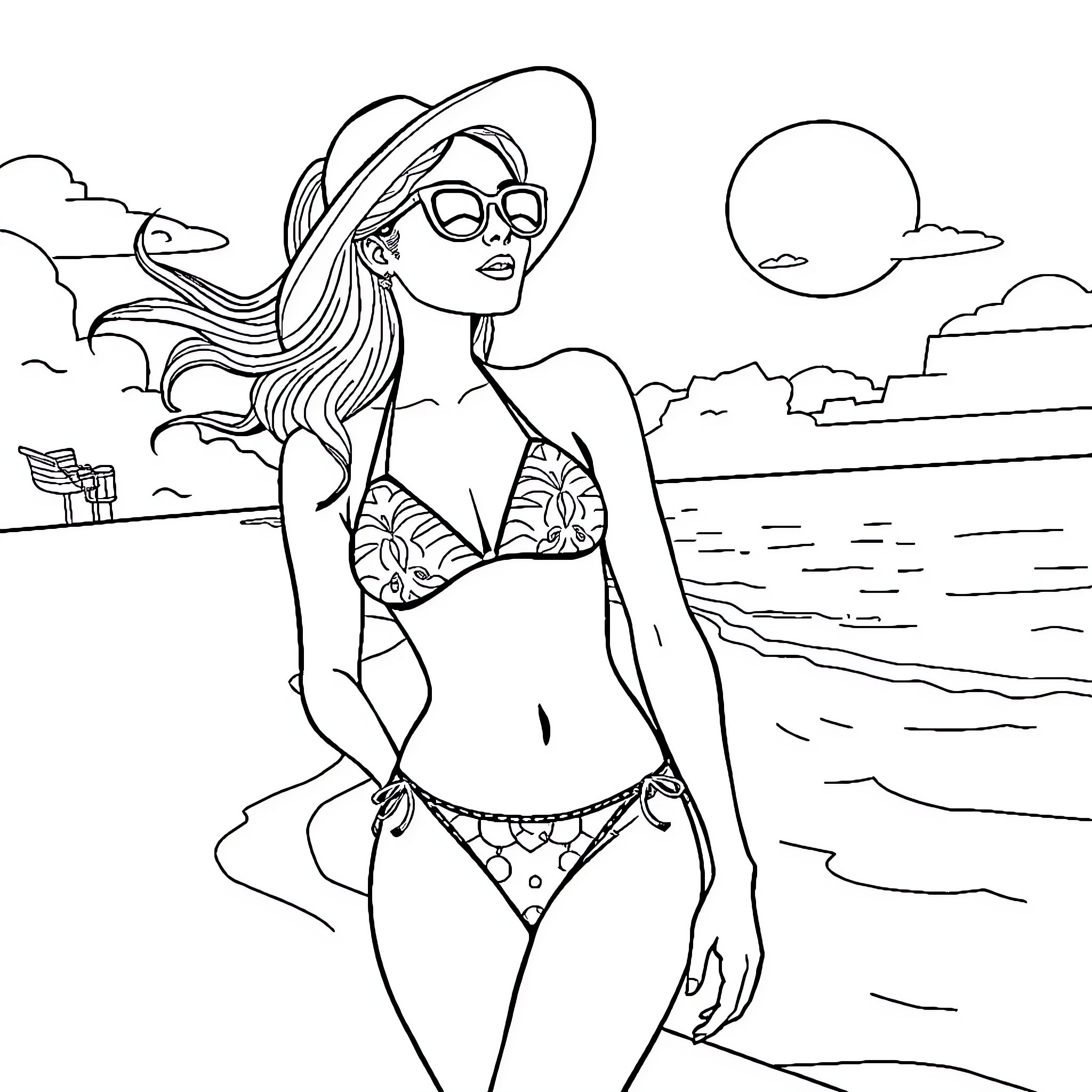 Girl in stylish swimwear enjoys the beach Coloring Page (free black-and-white line drawing printable PDF for all, from beginners to advanced learners, including children, teens, adults, and seniors)