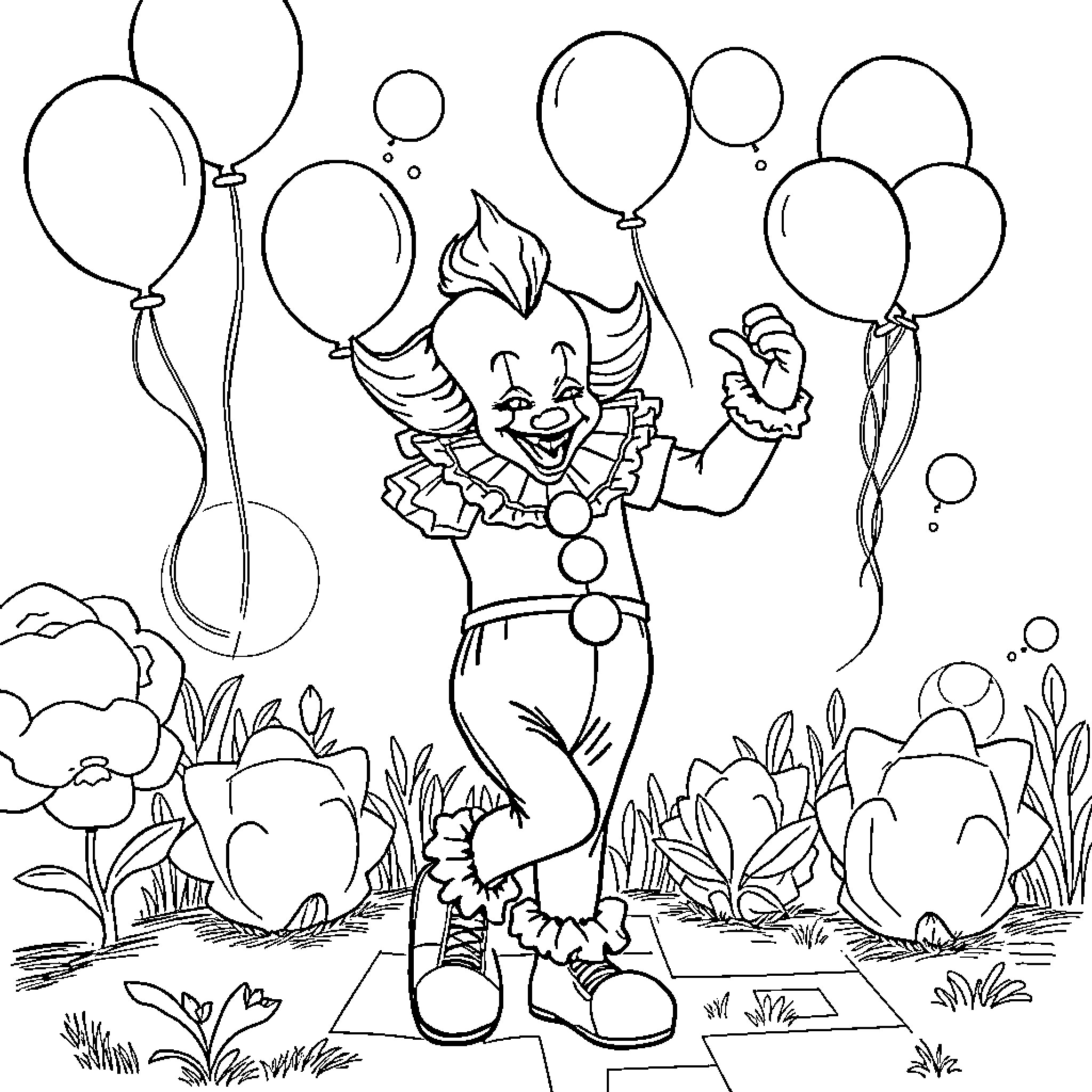 Pennywise the Dancing Clown surrounded by balloons Coloring Page (free black-and-white line drawing printable PDF for all, from beginners to advanced learners, including children, teens, adults, and seniors)