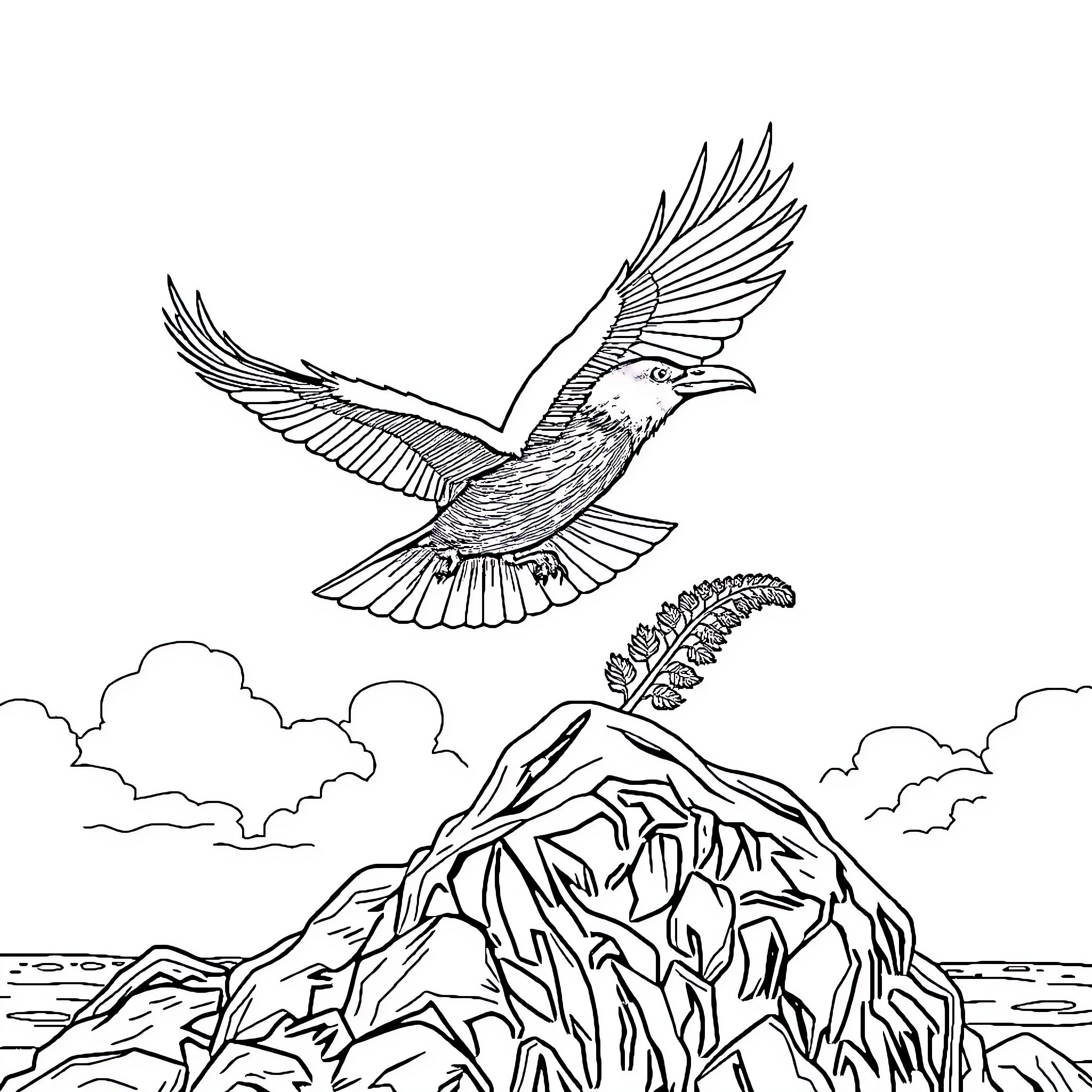 Raven soaring above a majestic mountain landscape Coloring Page (free black-and-white line drawing printable PDF for all, from beginners to advanced learners, including children, teens, adults, and seniors)