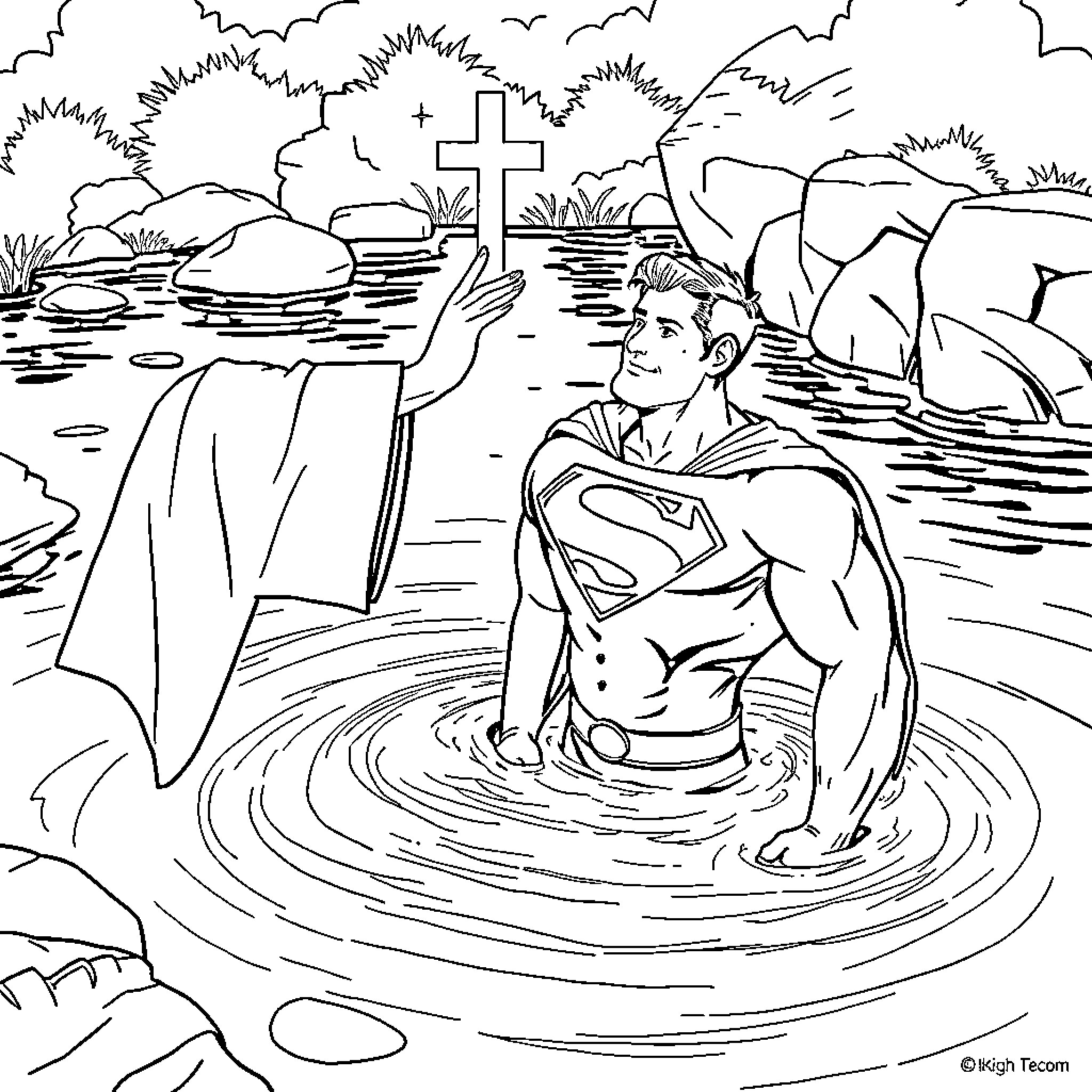 Superman baptized in a sacred river Coloring Page (free black-and-white line drawing printable PDF for all, from beginners to advanced learners, including children, teens, adults, and seniors)