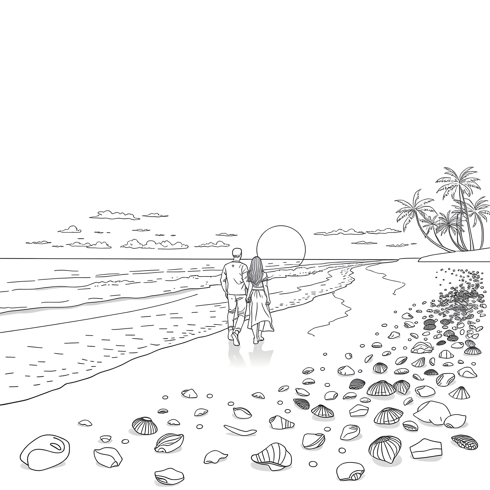Sunset stroll along the seashore Coloring Page (free black-and-white line drawing printable PDF for all, from beginners to advanced learners, including children, teens, adults, and seniors)
