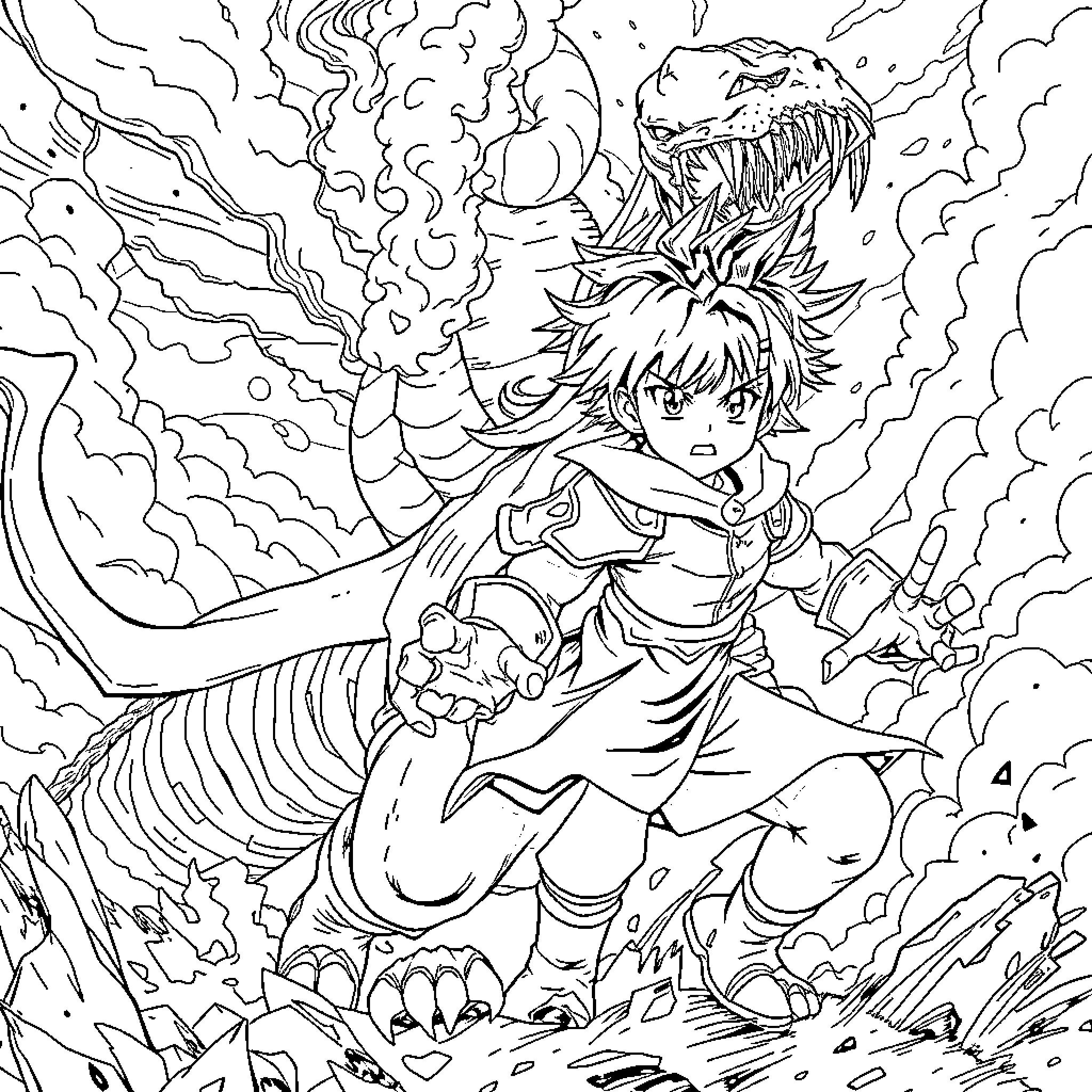 Anime Character Wielding Powerful Weapon Amid Chaotic Surroundings Coloring Page (free black-and-white line drawing printable PDF for all, from beginners to advanced learners, including children, teens, adults, and seniors)