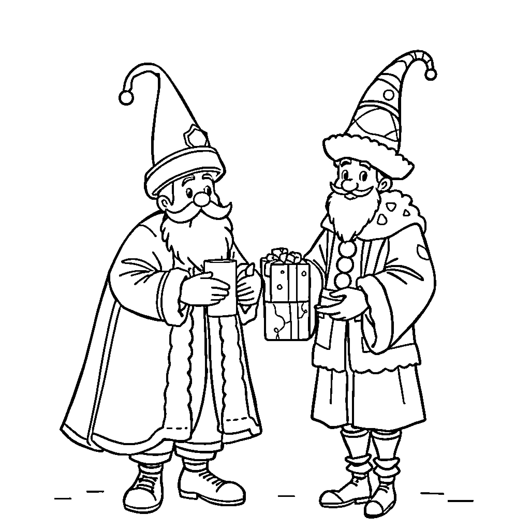 Sinterklaas and his helper distributing gifts Coloring Page (free black-and-white line drawing printable PDF for all, from beginners to advanced learners, including children, teens, adults, and seniors)