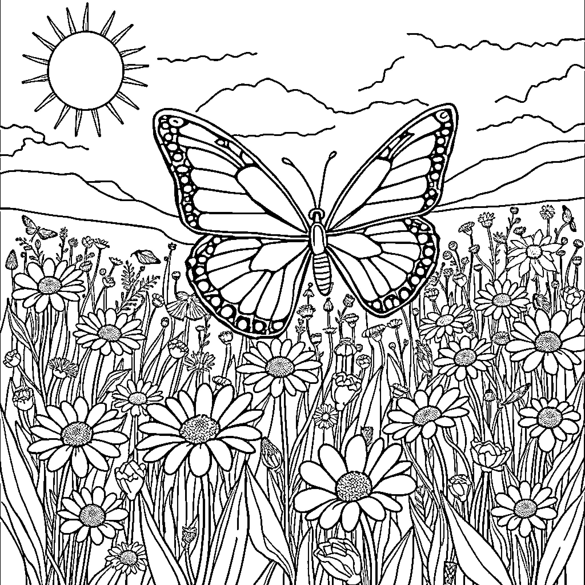 Butterfly soaring through a vibrant floral field Coloring Page (free black-and-white line drawing printable PDF for all, from beginners to advanced learners, including children, teens, adults, and seniors)
