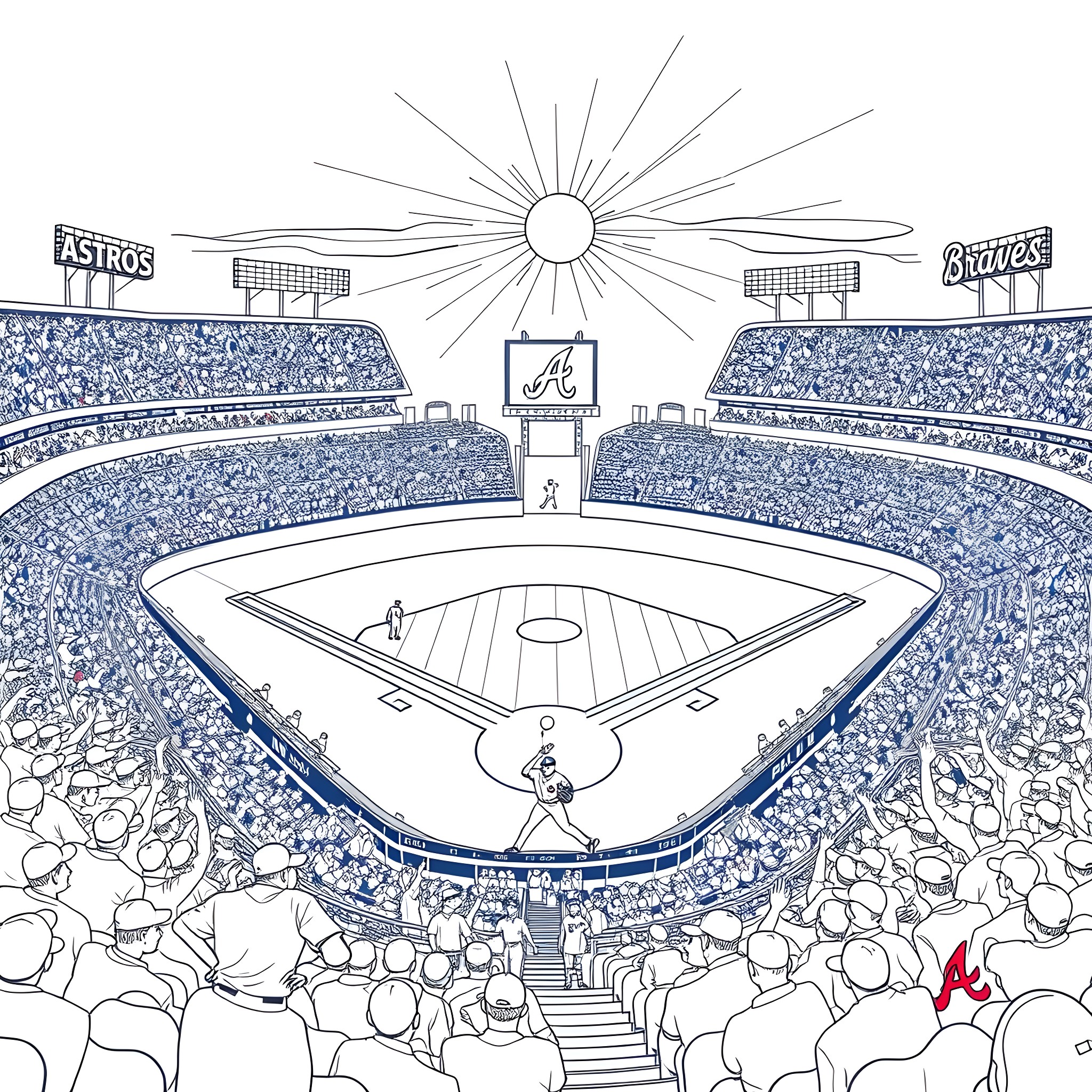 Baseball game played under the sun in a crowded stadium Coloring Page (free black-and-white line drawing printable PDF for all, from beginners to advanced learners, including children, teens, adults, and seniors)