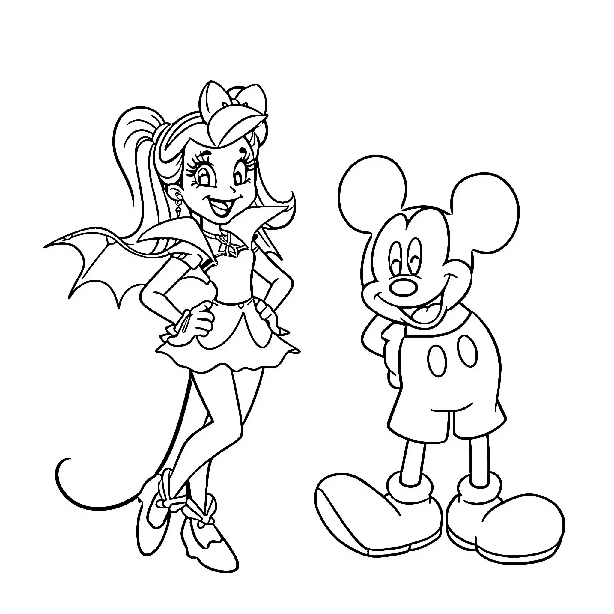 Draculaura in a playful vampire outfit with Mickey Mouse Coloring Page (free black-and-white line drawing printable PDF for all, from beginners to advanced learners, including children, teens, adults, and seniors)