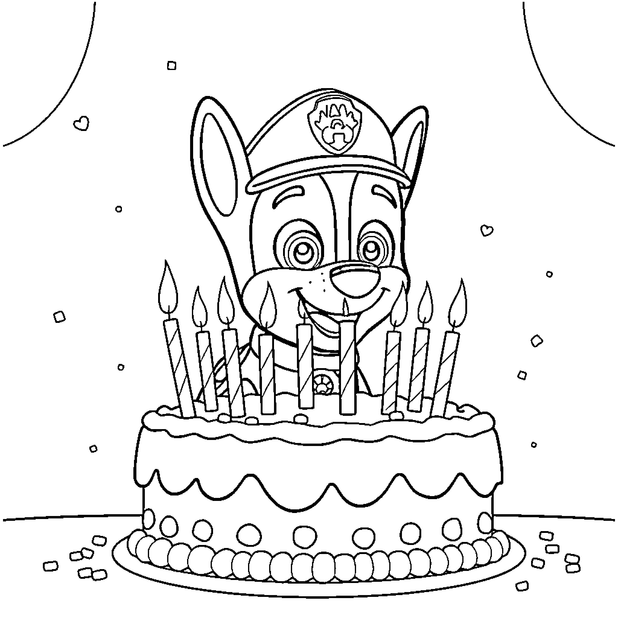 Chase's Celebration with Cake and Candles Coloring Page (free black-and-white line drawing printable PDF for all, from beginners to advanced learners, including children, teens, adults, and seniors)