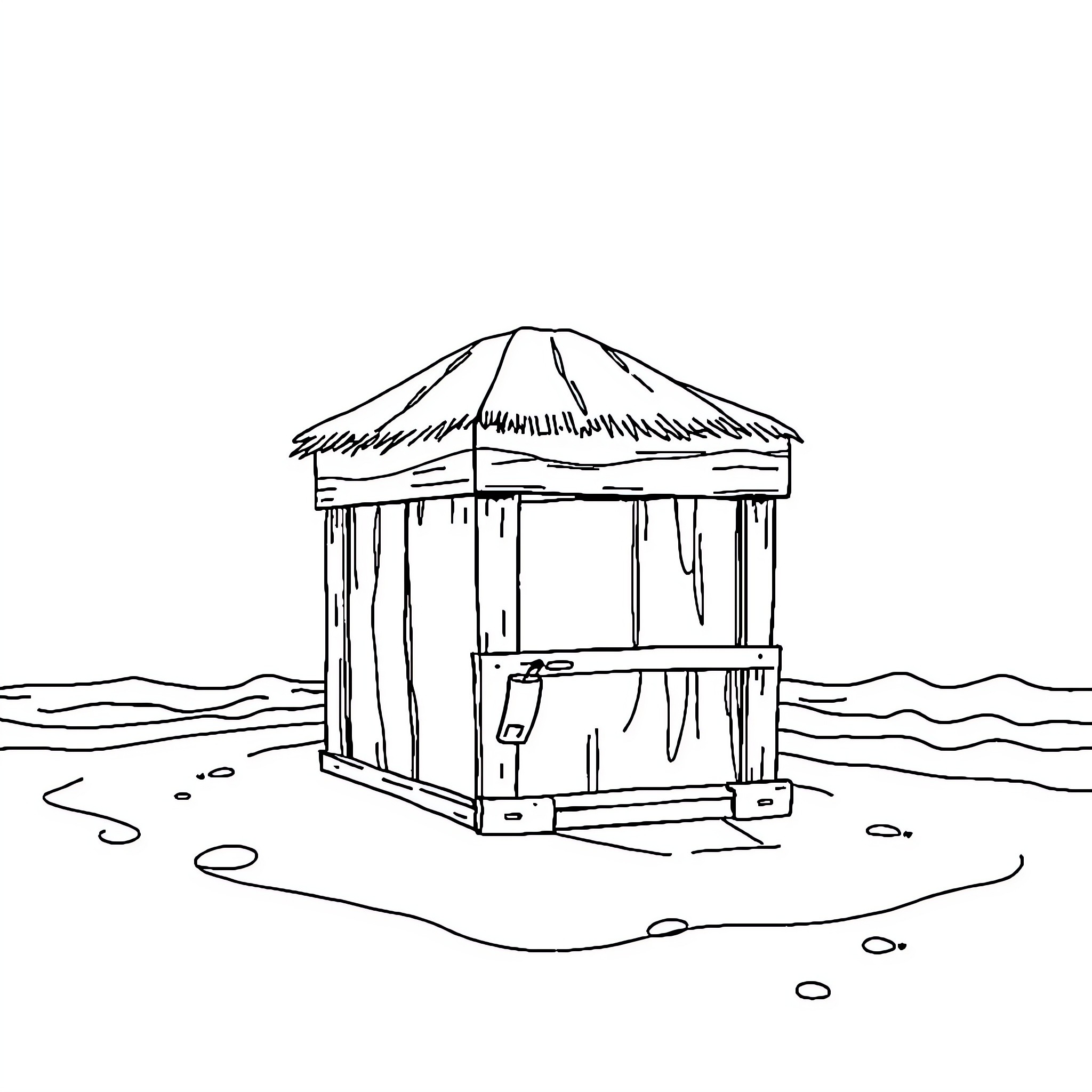 Box-shaped hut on the shore Coloring Page (free black-and-white line drawing printable PDF for all, from beginners to advanced learners, including children, teens, adults, and seniors)