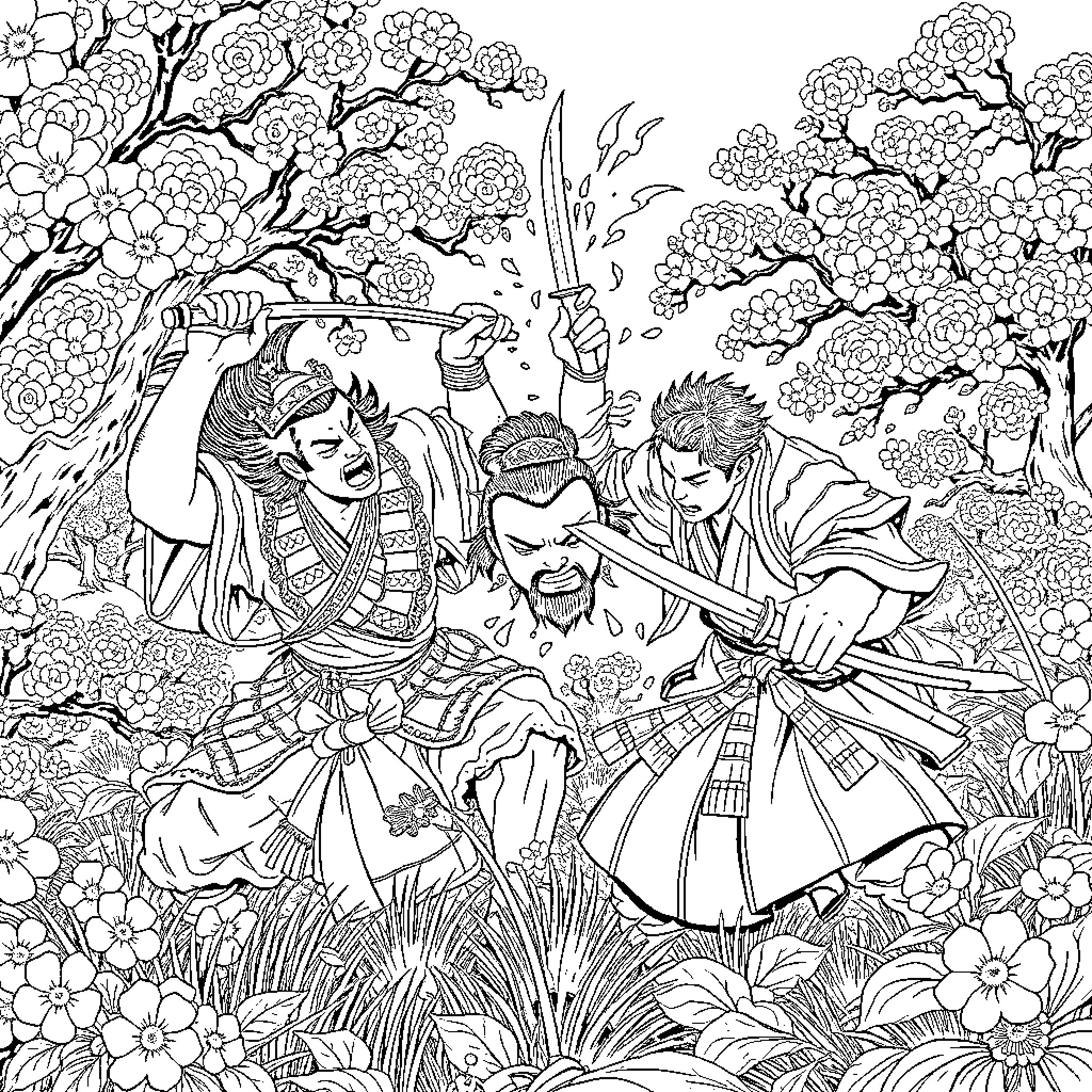 Nezuko in a battle against demonic forces Coloring Page (free black-and-white line drawing printable PDF for all, from beginners to advanced learners, including children, teens, adults, and seniors)