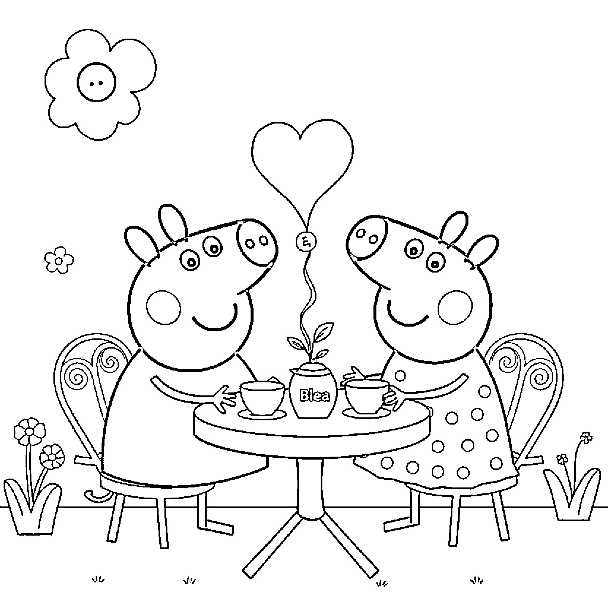 Peppa Pig and friends having a tea party Coloring Page (free black-and-white line drawing printable PDF for all, from beginners to advanced learners, including children, teens, adults, and seniors)
