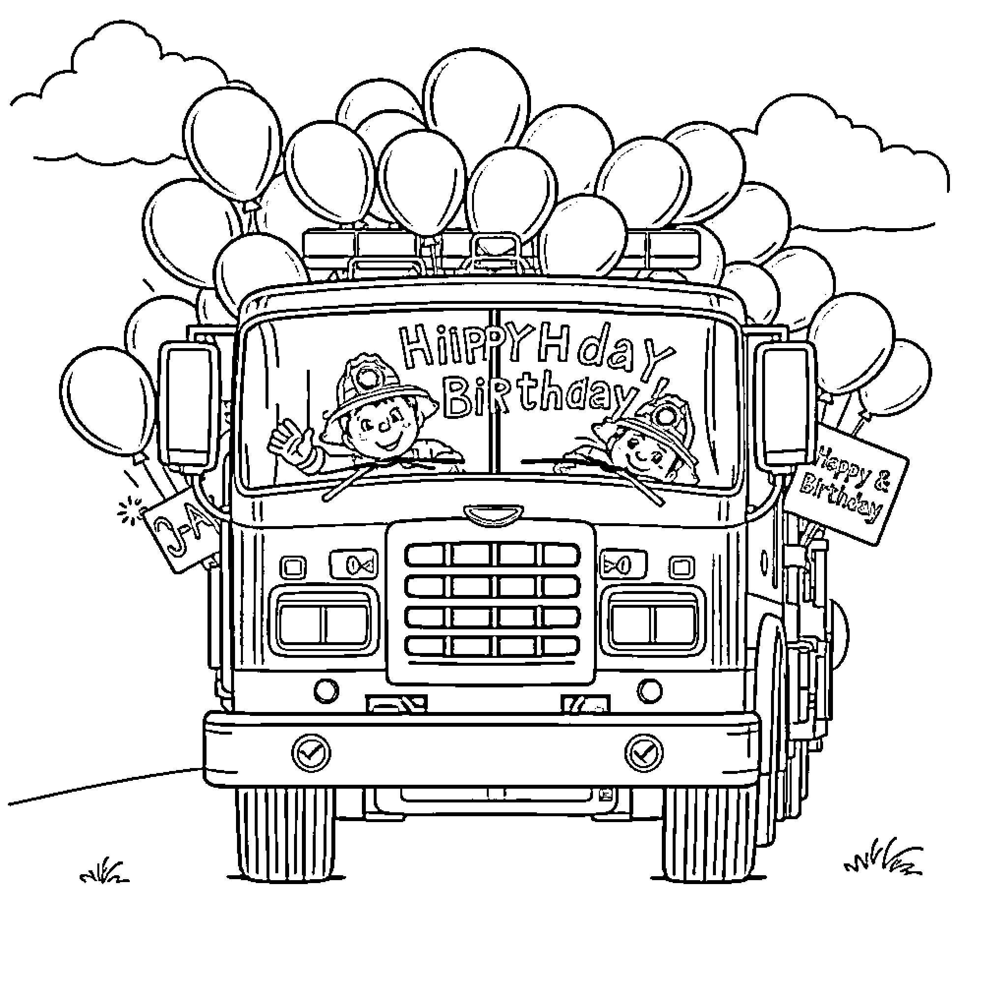 Firetruck transporting birthday celebration with balloons Coloring Page (free black-and-white line drawing printable PDF for all, from beginners to advanced learners, including children, teens, adults, and seniors)