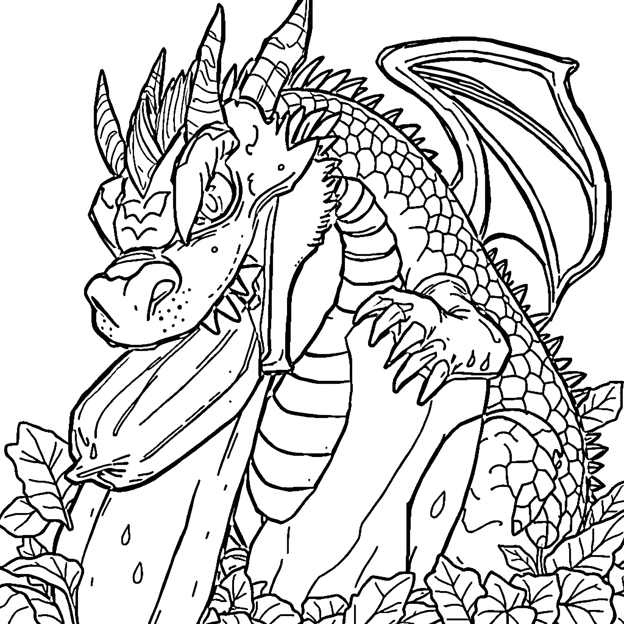 Dragon emerging from the forest Coloring Page (free black-and-white line drawing printable PDF for all, from beginners to advanced learners, including children, teens, adults, and seniors)
