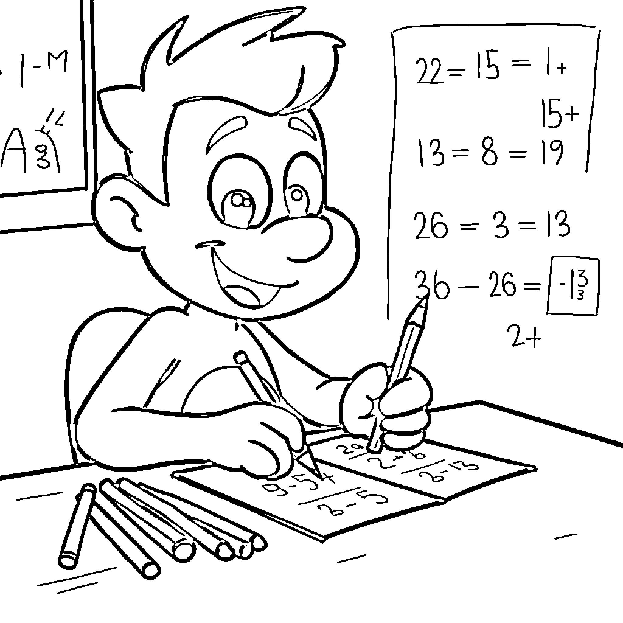 Bluey Enjoying Math Lessons with Excitement Coloring Page (free black-and-white line drawing printable PDF for all, from beginners to advanced learners, including children, teens, adults, and seniors)