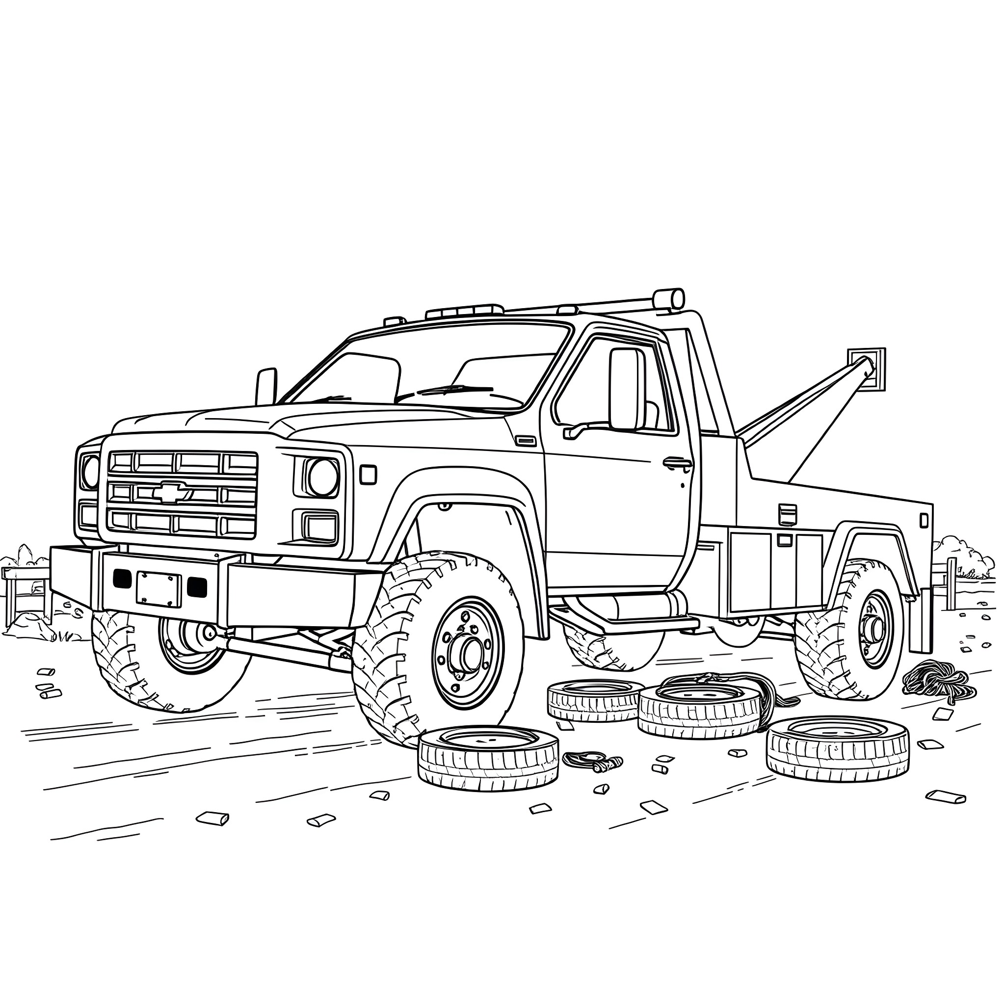 Wrecker towing damaged vehicle off the road Coloring Page (free black-and-white line drawing printable PDF for all, from beginners to advanced learners, including children, teens, adults, and seniors)