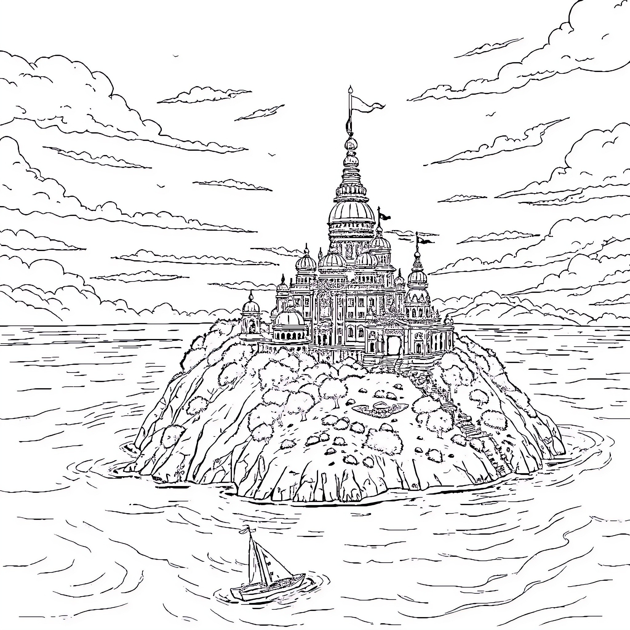 Palace of Wonder on a Majestic Islet Coloring Page (free black-and-white line drawing printable PDF for all, from beginners to advanced learners, including children, teens, adults, and seniors)