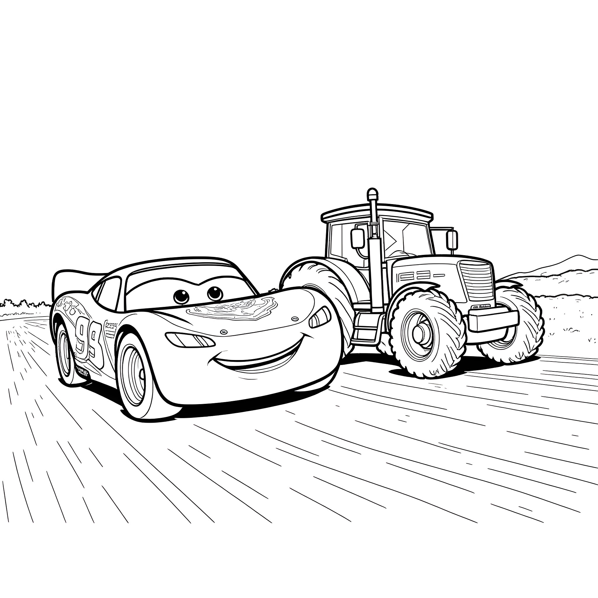 Lightning McQueen and the Tractor on the Road Coloring Page (free black-and-white line drawing printable PDF for all, from beginners to advanced learners, including children, teens, adults, and seniors)
