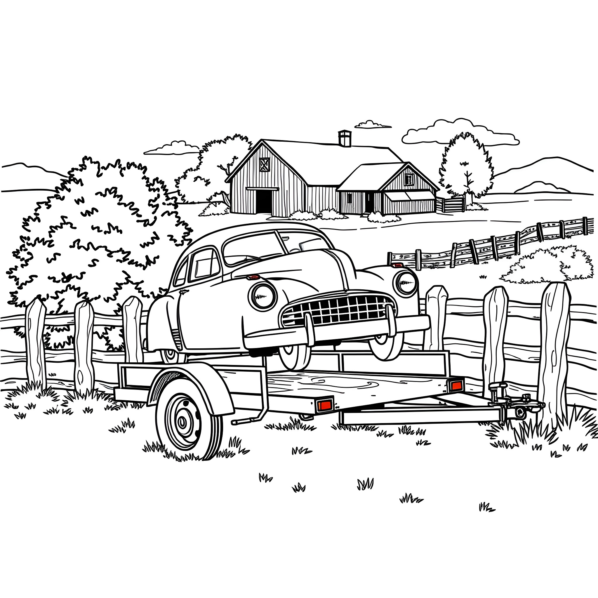 Car on a trailer in a rural landscape Coloring Page (free black-and-white line drawing printable PDF for all, from beginners to advanced learners, including children, teens, adults, and seniors)
