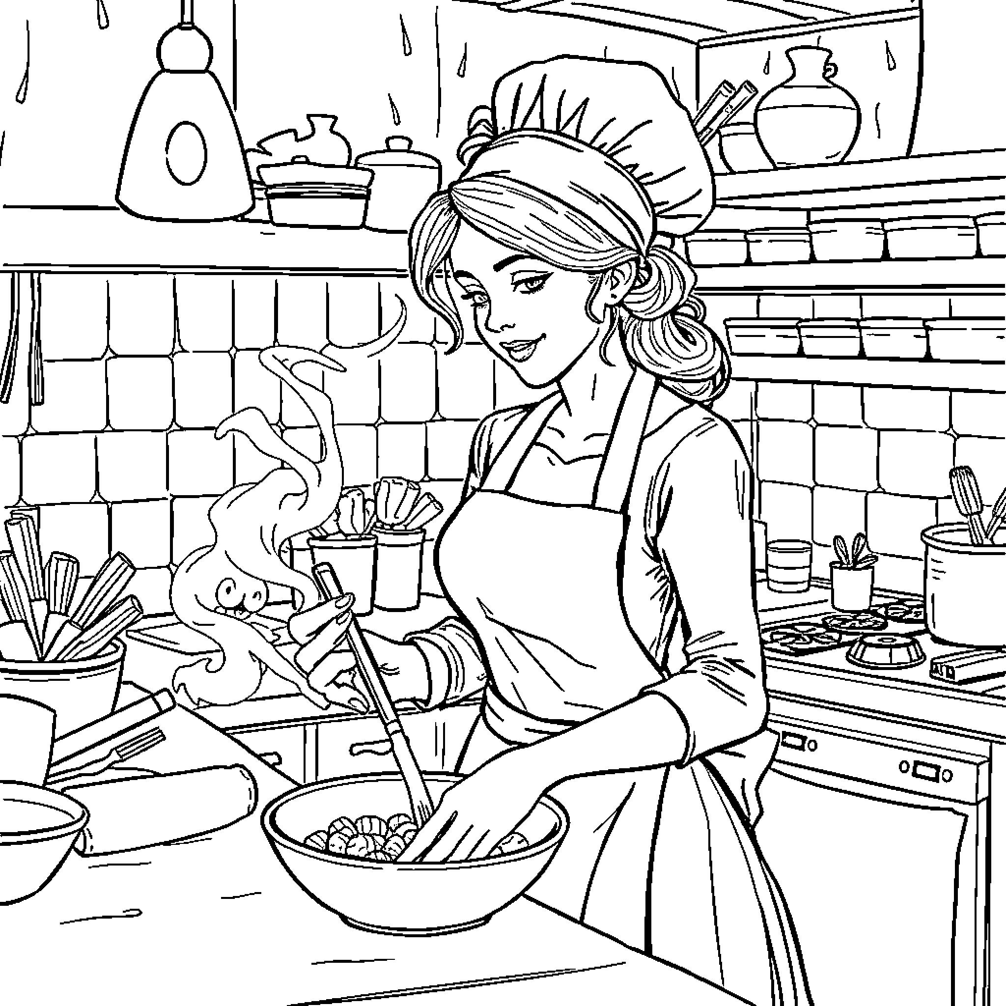 Belle Cooking in the Kitchen Coloring Page (free black-and-white line drawing printable PDF for all, from beginners to advanced learners, including children, teens, adults, and seniors)