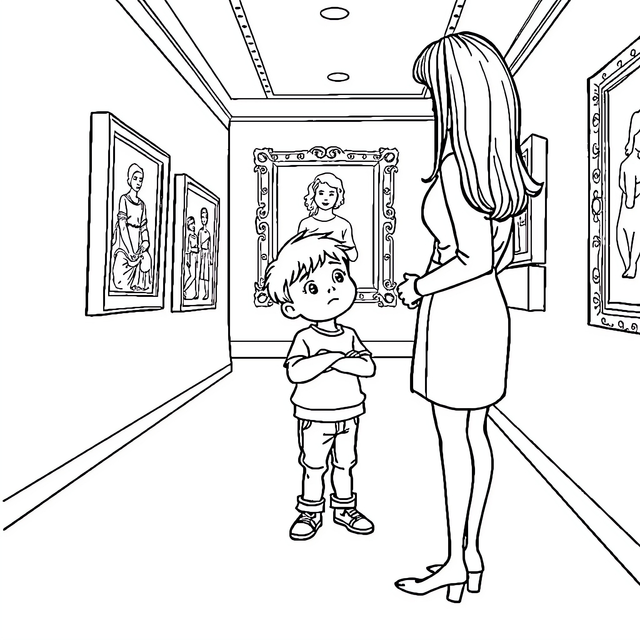Child in art gallery examining paintings Coloring Page (free black-and-white line drawing printable PDF for all, from beginners to advanced learners, including children, teens, adults, and seniors)