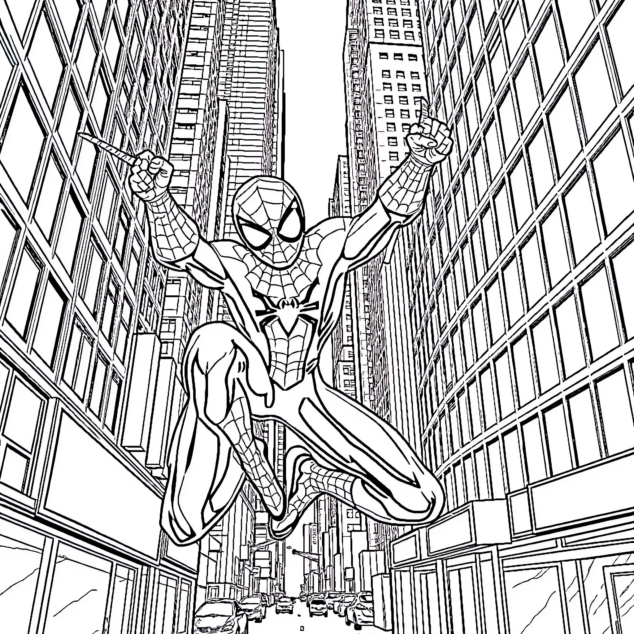 Spiderman swinging through the city skyscrapers Coloring Page (free black-and-white line drawing printable PDF for all, from beginners to advanced learners, including children, teens, adults, and seniors)