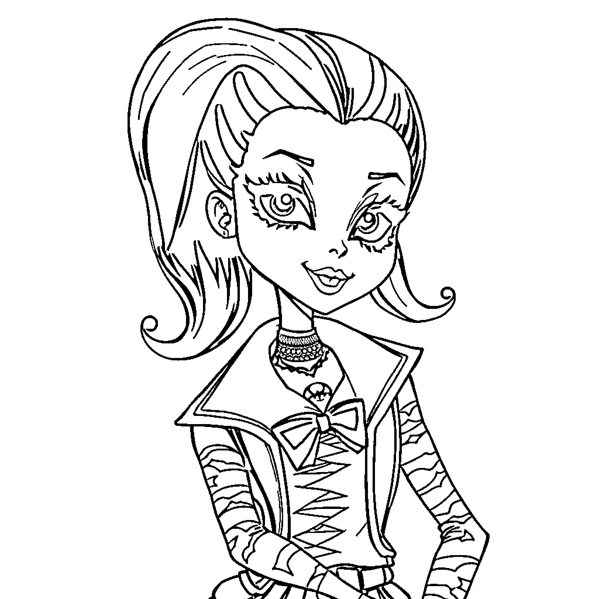 Frankie Stein's Unique Outfit and Expression Coloring Page (free black-and-white line drawing printable PDF for all, from beginners to advanced learners, including children, teens, adults, and seniors)