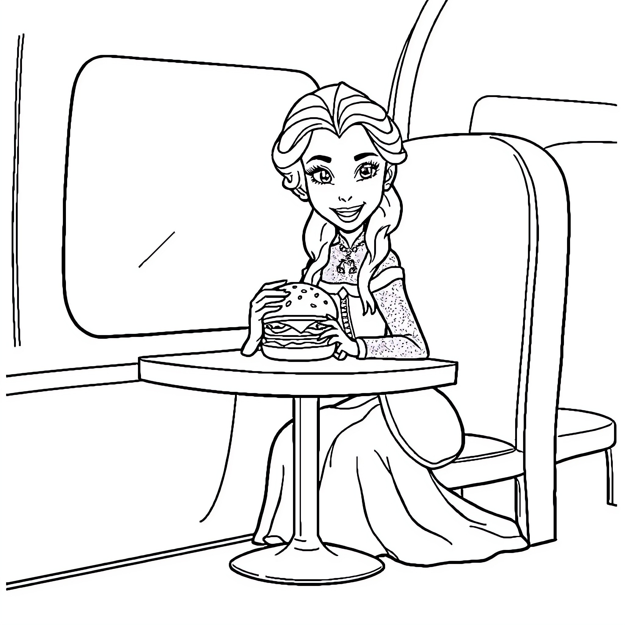 Snow Queen Serving a Celebratory Cake Coloring Page (free black-and-white line drawing printable PDF for all, from beginners to advanced learners, including children, teens, adults, and seniors)