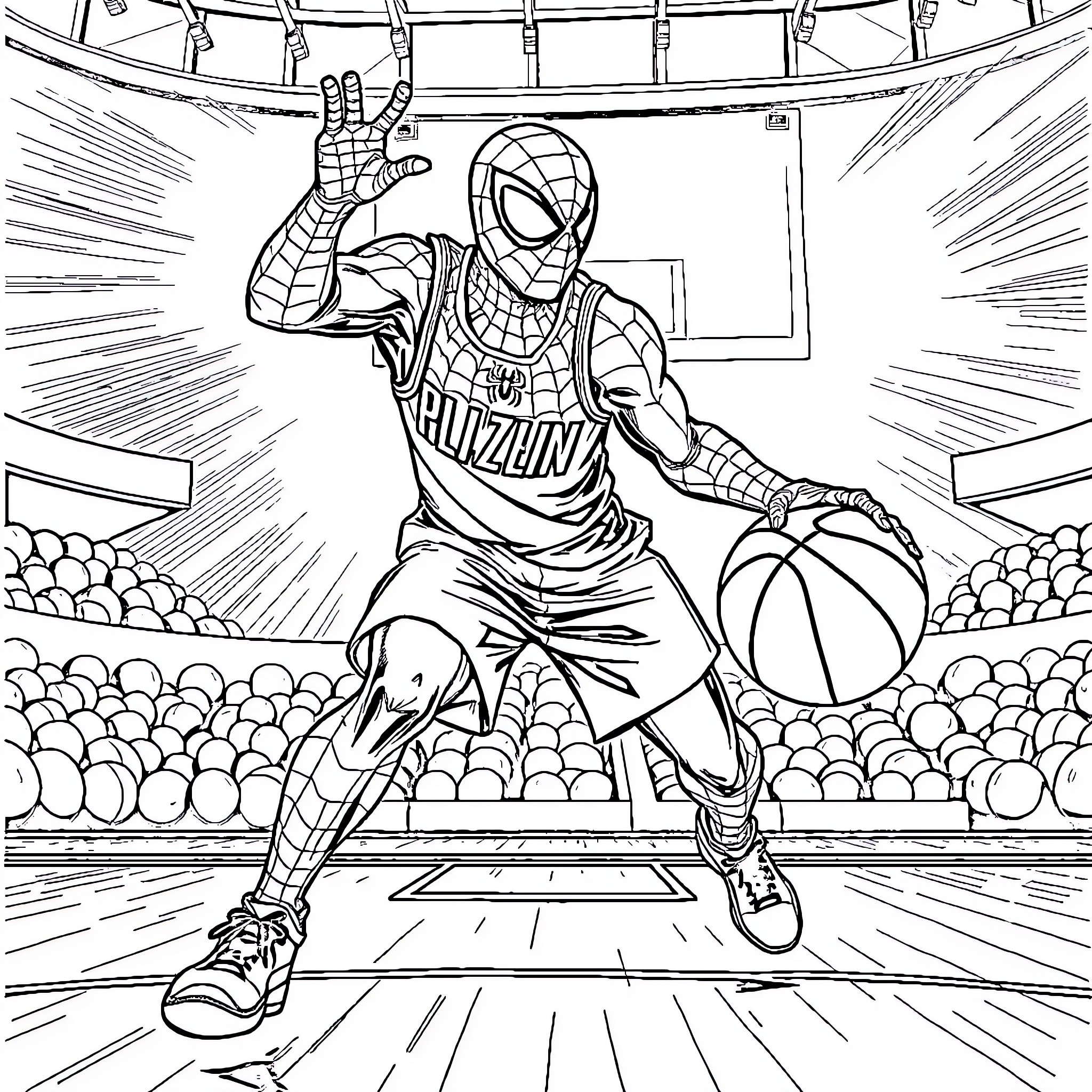 Spiderman playing basketball in the arena Coloring Page (free black-and-white line drawing printable PDF for all, from beginners to advanced learners, including children, teens, adults, and seniors)
