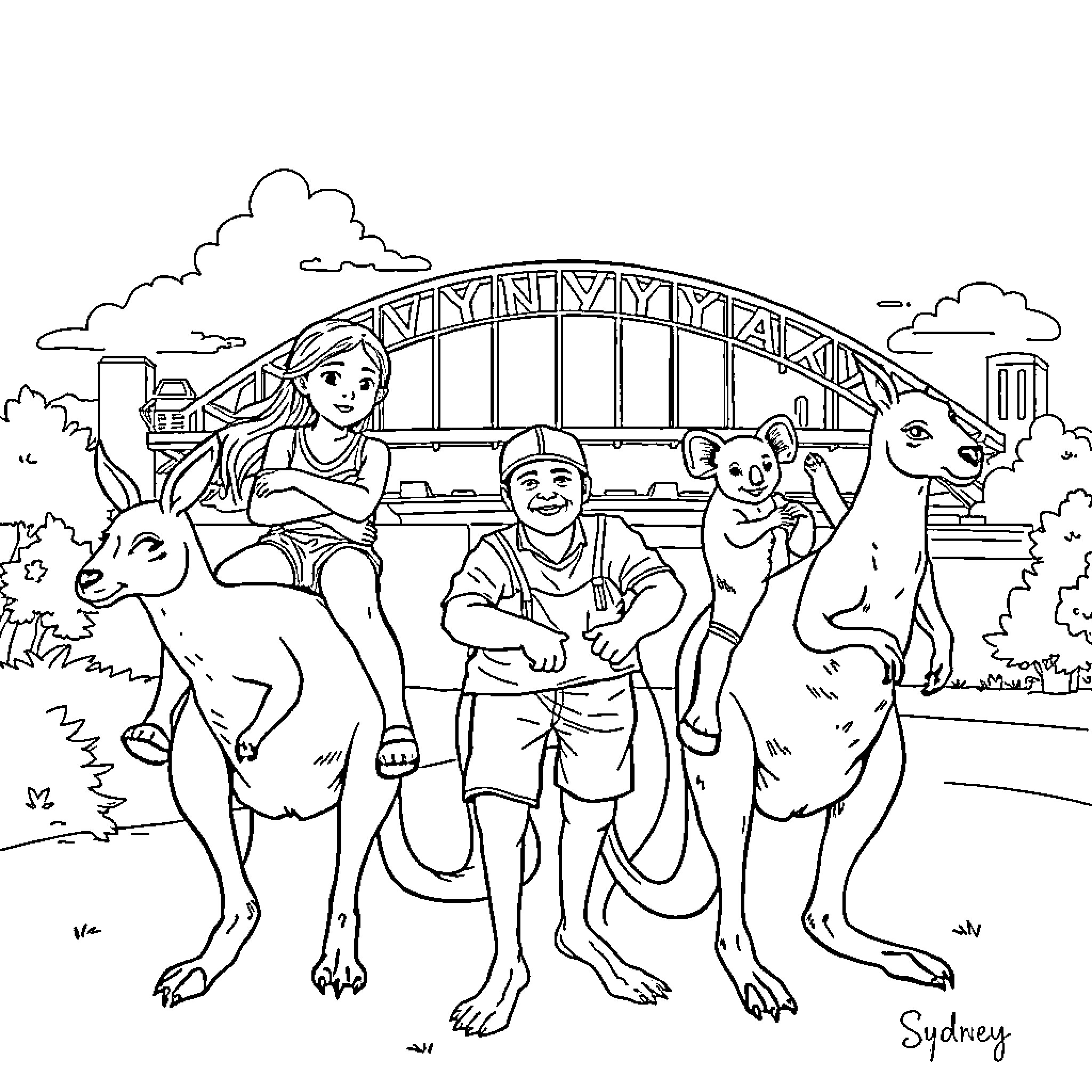 Girl Visiting the Sydney Zoo with Friends Coloring Page (free black-and-white line drawing printable PDF for all, from beginners to advanced learners, including children, teens, adults, and seniors)