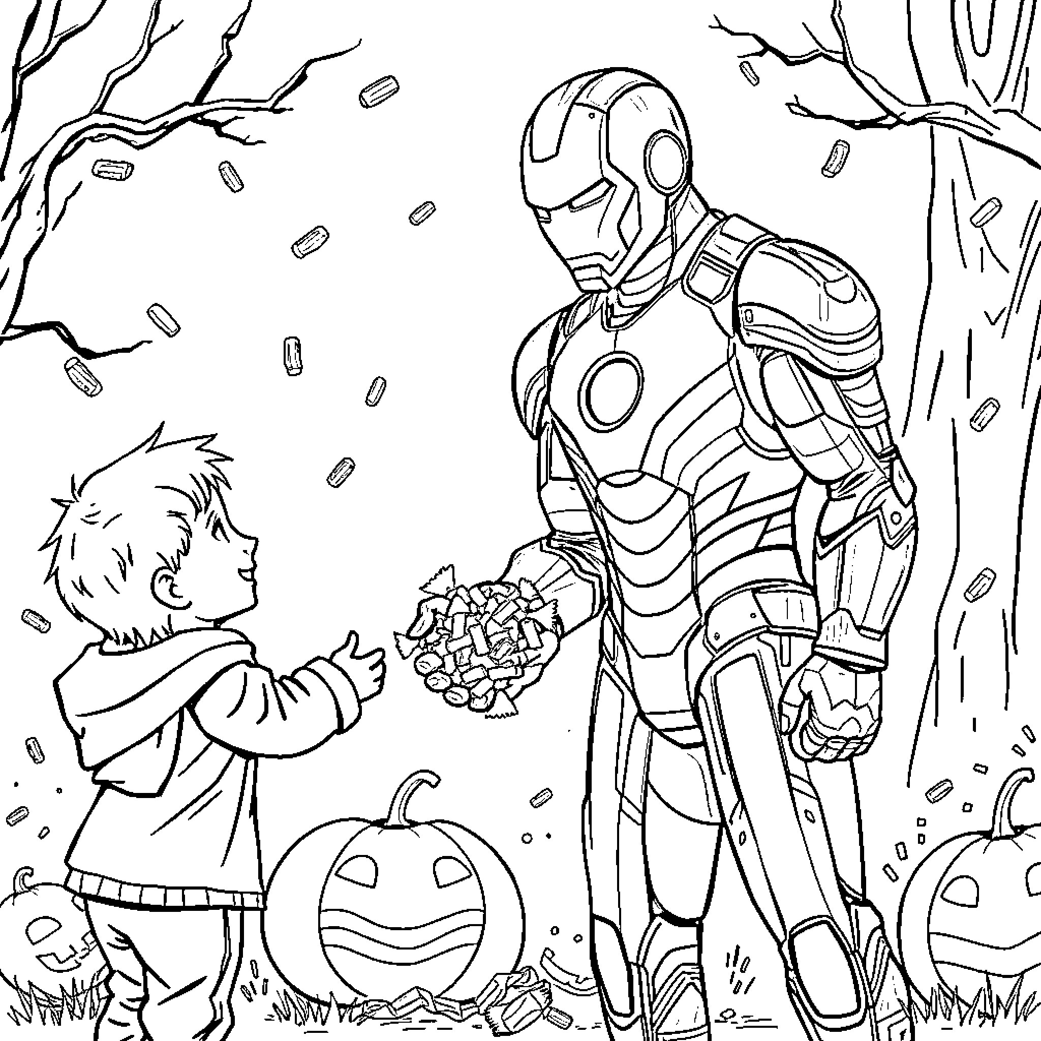 Ironman helping young boy collect autumn leaves Coloring Page (free black-and-white line drawing printable PDF for all, from beginners to advanced learners, including children, teens, adults, and seniors)