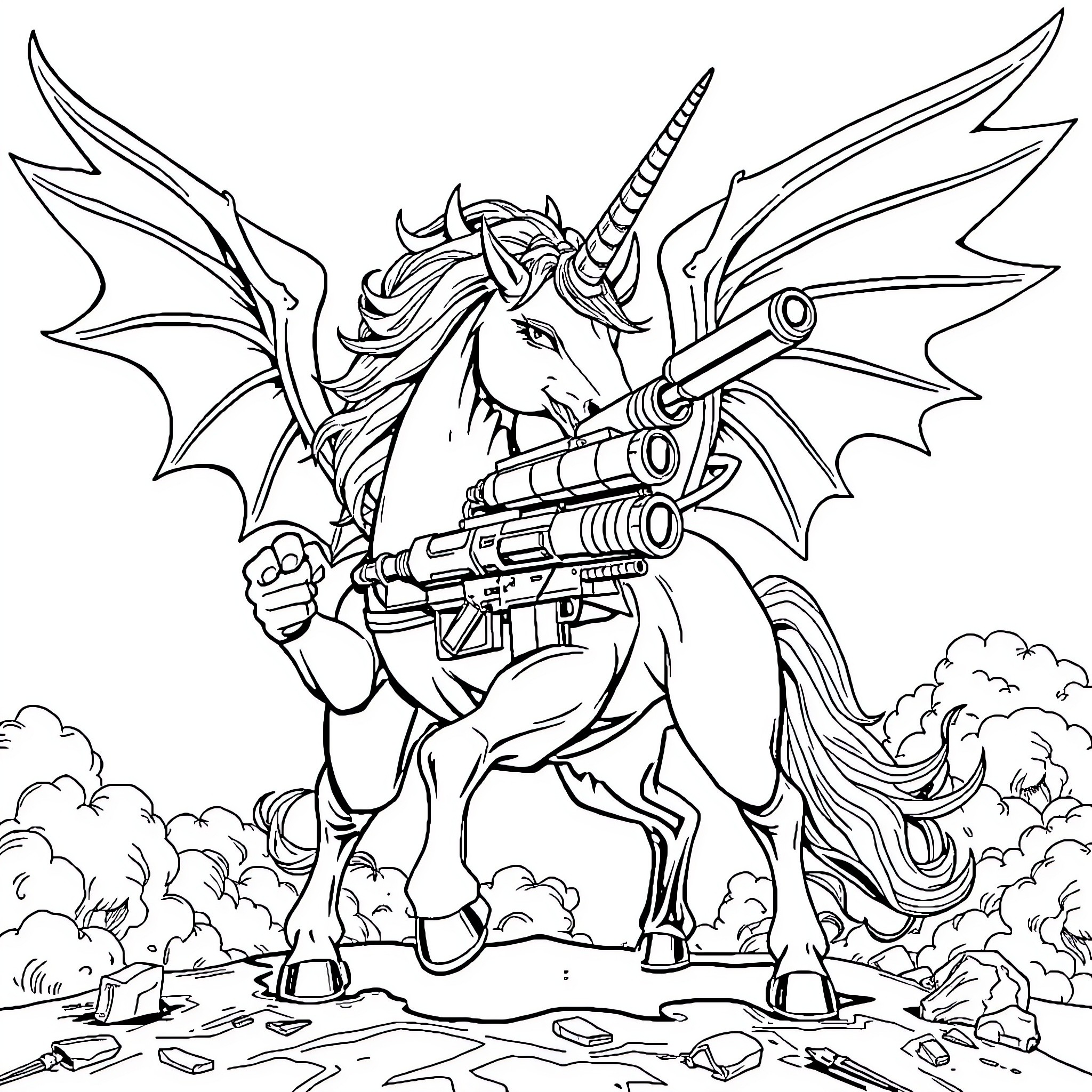 Unicorn Demon Wielding Futuristic Weaponry in Rugged Terrain Coloring Page (free black-and-white line drawing printable PDF for all, from beginners to advanced learners, including children, teens, adults, and seniors)