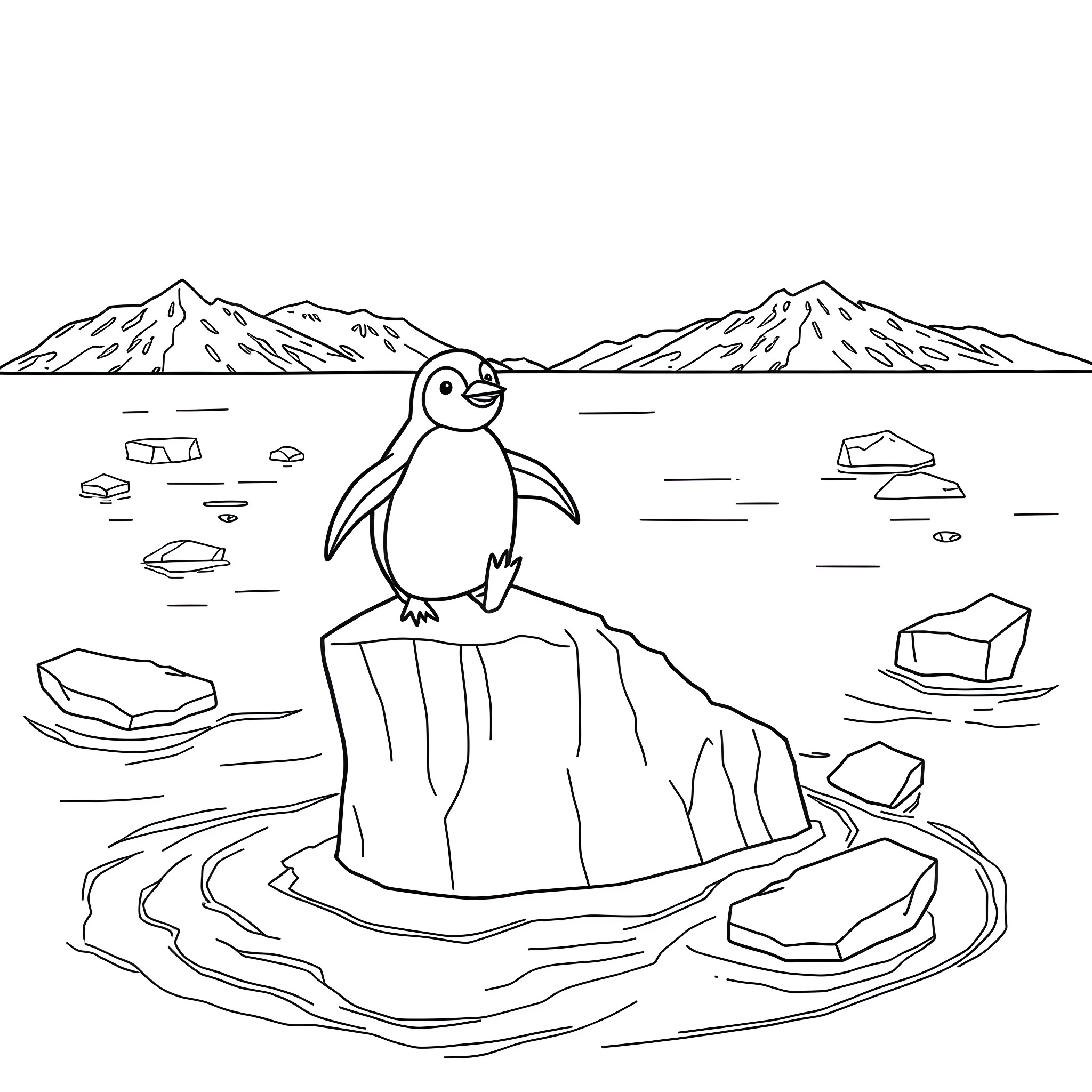 Penguin resting on an iceberg in a scenic landscape Coloring Page (free black-and-white line drawing printable PDF for all, from beginners to advanced learners, including children, teens, adults, and seniors)
