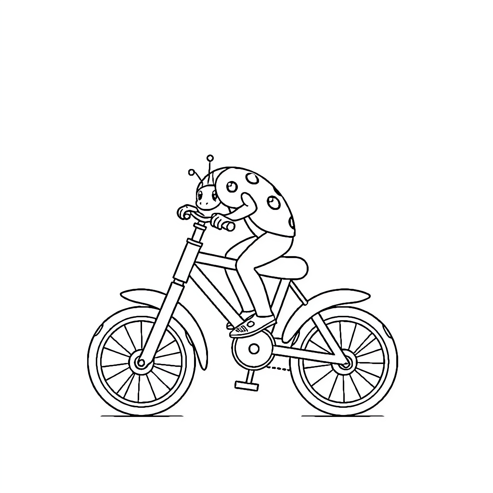 Ladybug riding a bicycle Coloring Page (free black-and-white line drawing printable PDF for all, from beginners to advanced learners, including children, teens, adults, and seniors)