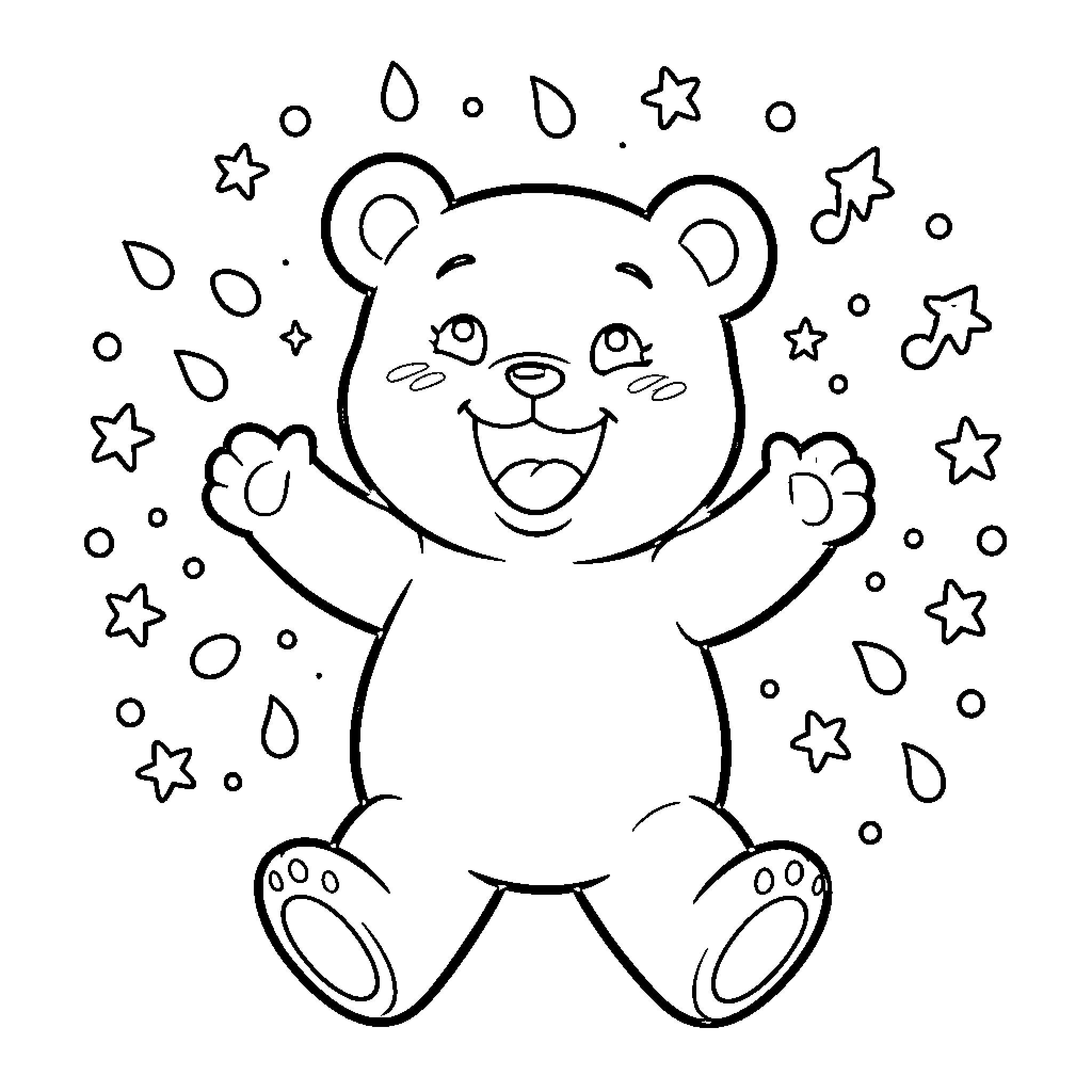 Gummibar playing with stars and raindrops Coloring Page (free black-and-white line drawing printable PDF for all, from beginners to advanced learners, including children, teens, adults, and seniors)