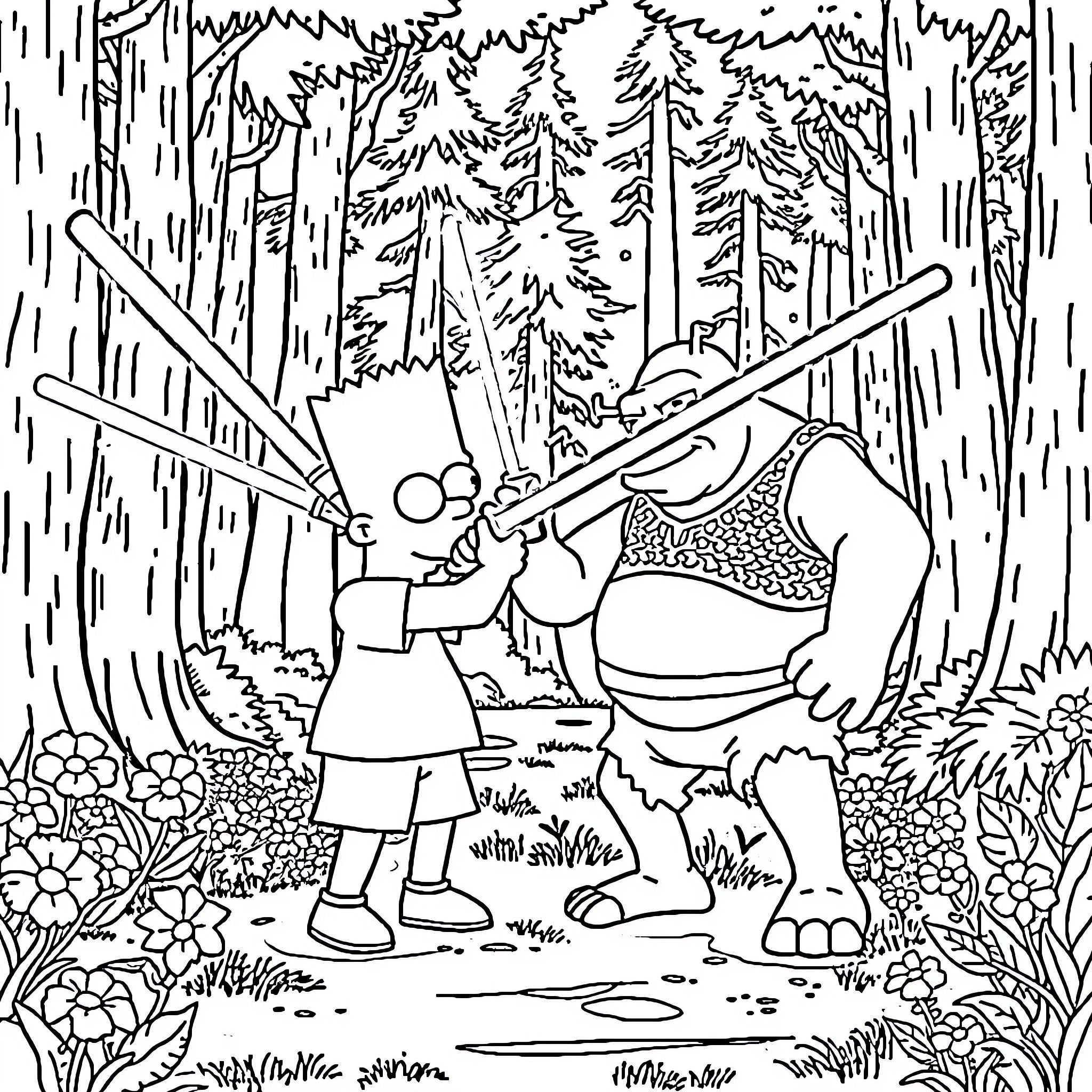 Bart Simpson exploring the forest with a sword Coloring Page (free black-and-white line drawing printable PDF for all, from beginners to advanced learners, including children, teens, adults, and seniors)