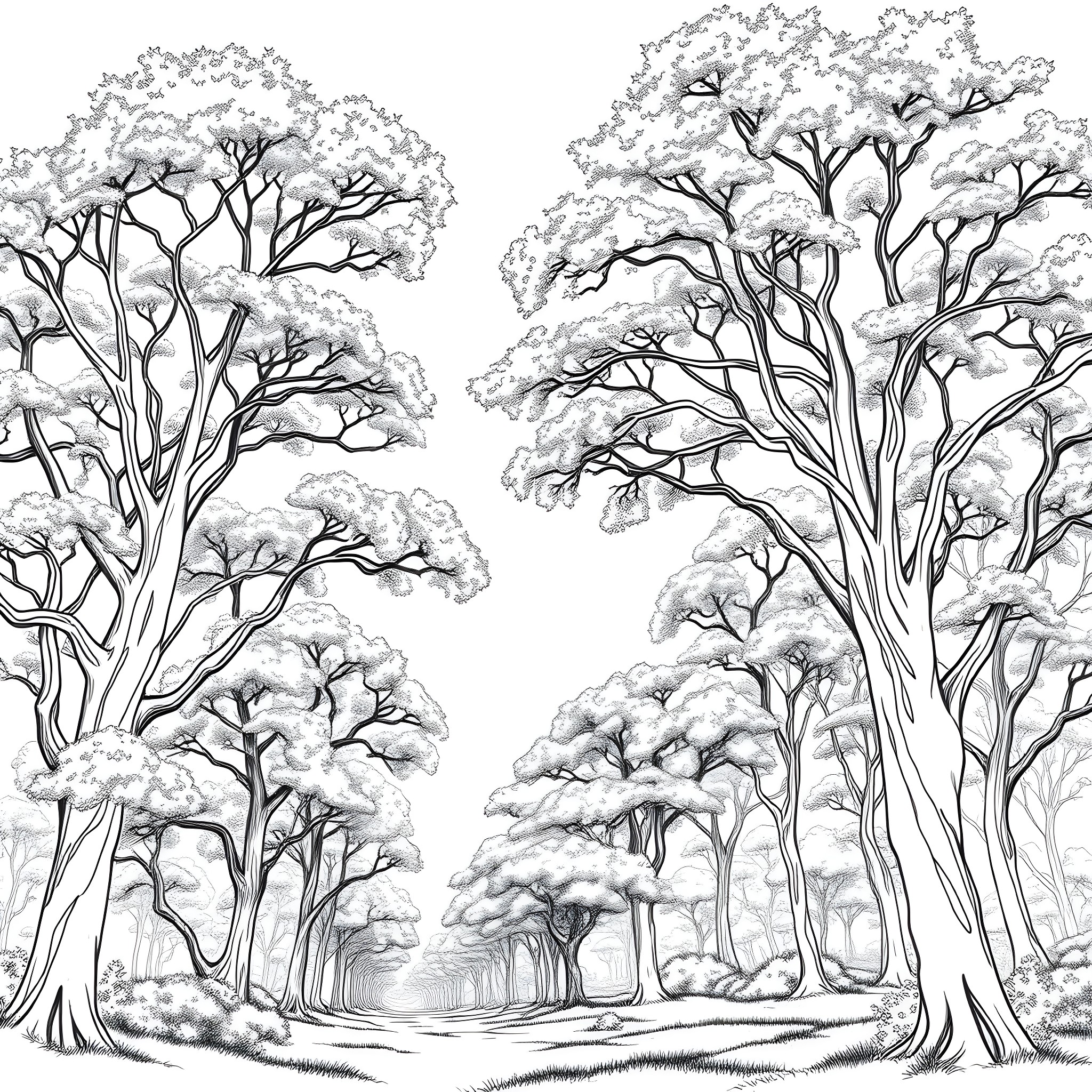 Tree-lined path through a snowy forest Coloring Page (free black-and-white line drawing printable PDF for all, from beginners to advanced learners, including children, teens, adults, and seniors)