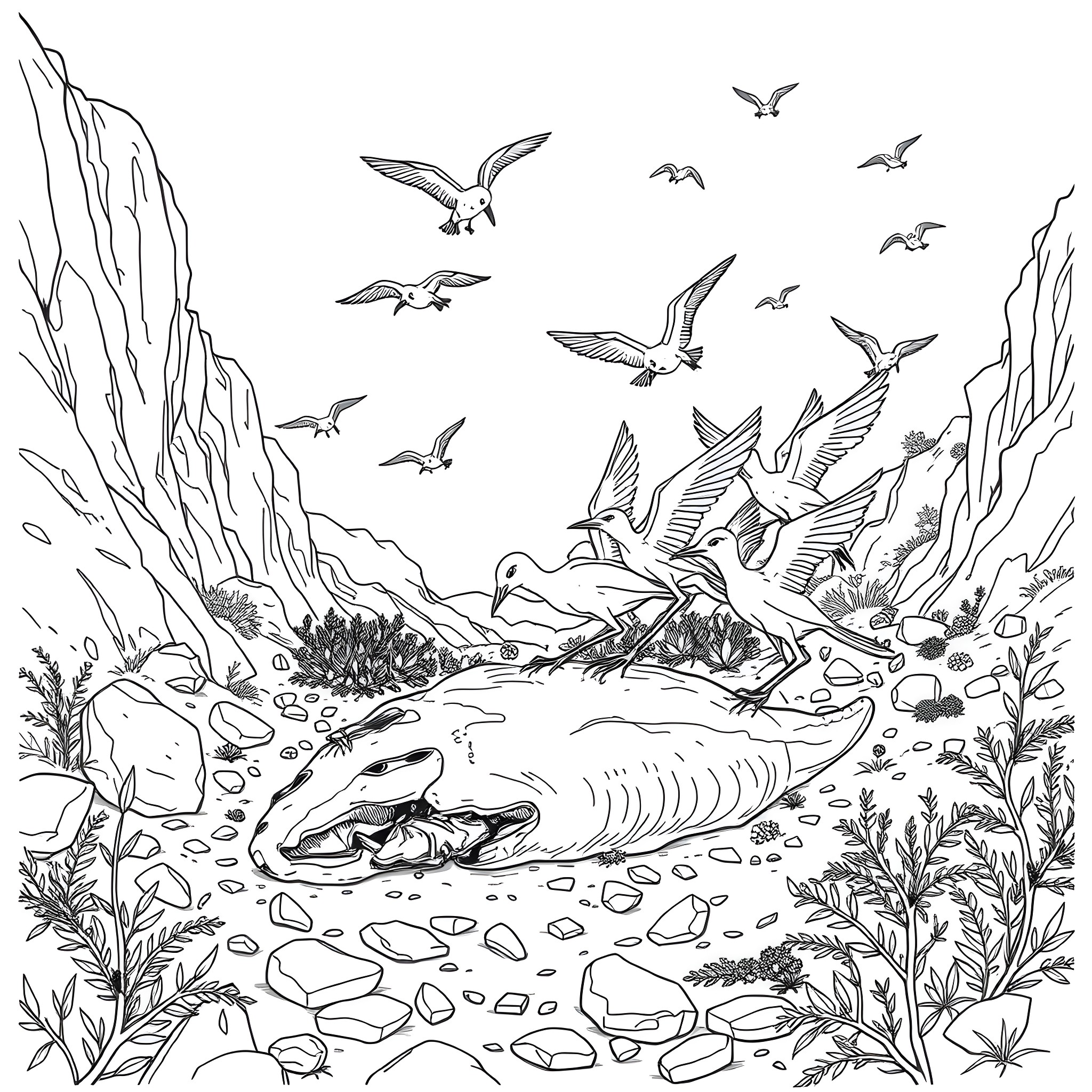 Comsognathus exploring the underwater marine environment Coloring Page (free black-and-white line drawing printable PDF for all, from beginners to advanced learners, including children, teens, adults, and seniors)