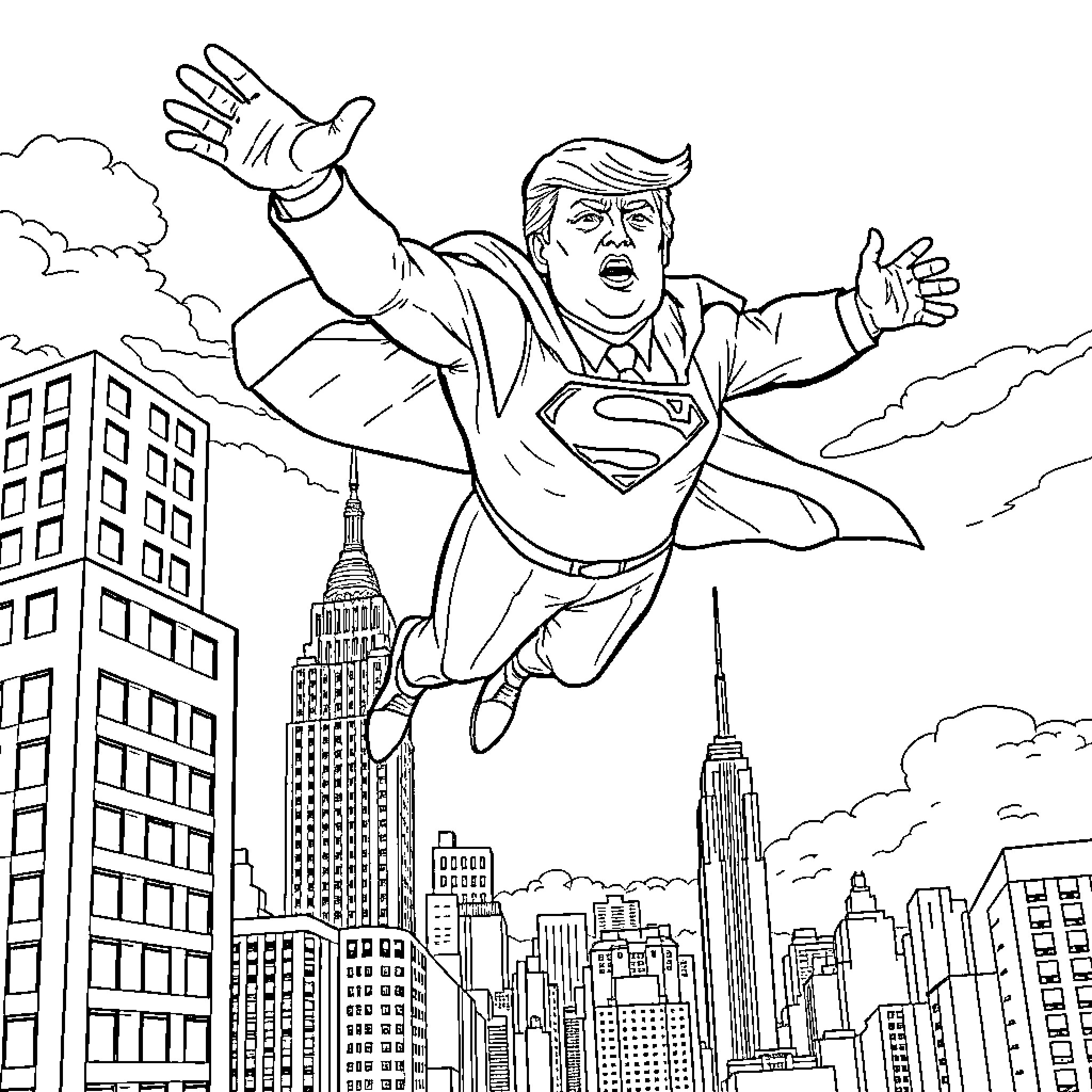 Donald Trump as a Superhero Flying over a City Coloring Page (free black-and-white line drawing printable PDF for all, from beginners to advanced learners, including children, teens, adults, and seniors)